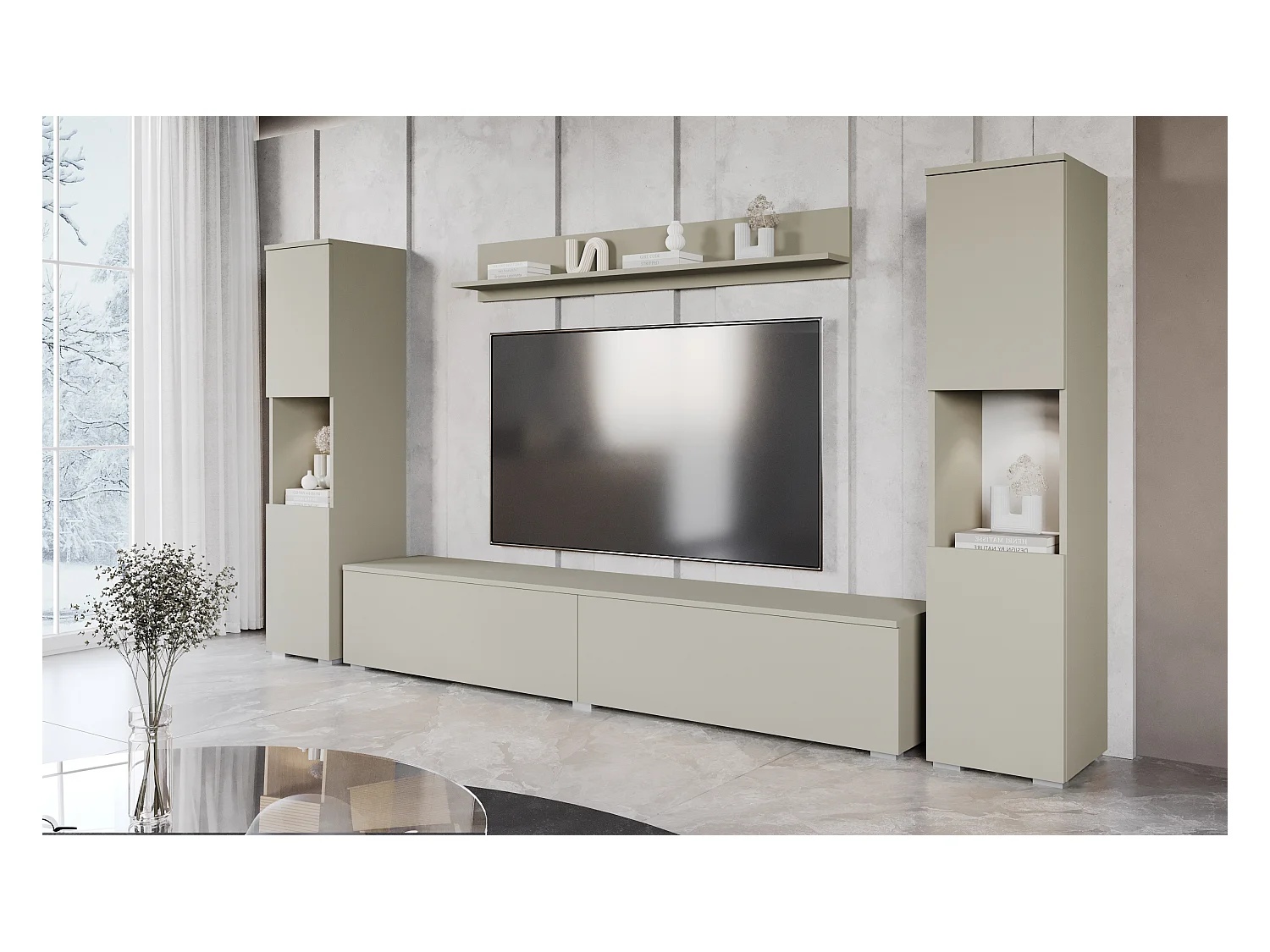 Moderne woonwand 4-delig met LED, mat, 2 kolommen, tv-meubel 180 cm en plank, beige kasjmier mat
