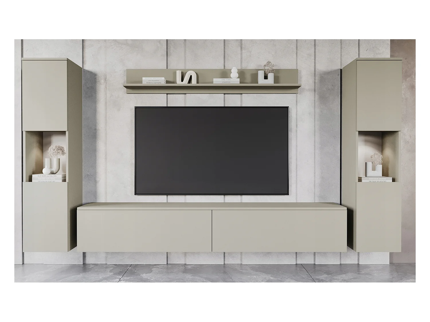 Moderne woonwand 4-delig met LED, mat, 2 kolommen, tv-meubel 180 cm en plank, beige kasjmier mat