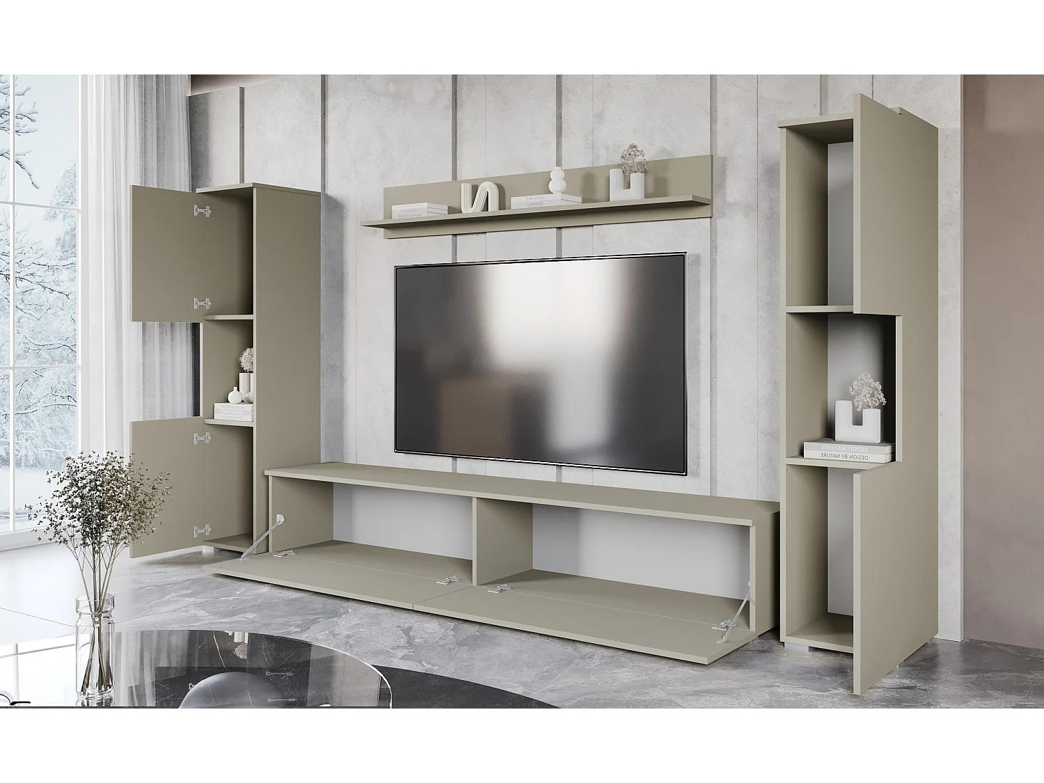 Nowoczesna meblościanka 4-elementowa do salonu z LED, mat, 2 słupki, szafka RTV 180 cm i półka, kaszmirowy beż mat