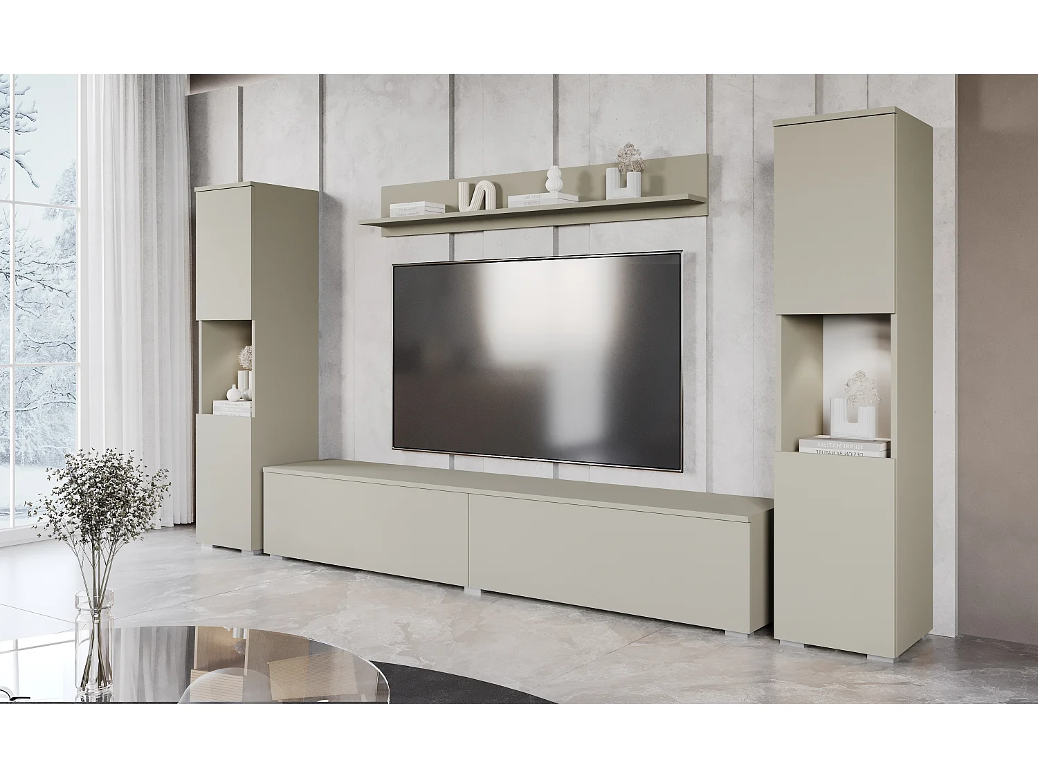 Moderne woonwand 4-delig met LED, mat, 2 kolommen, tv-meubel 180 cm en plank, beige kasjmier mat