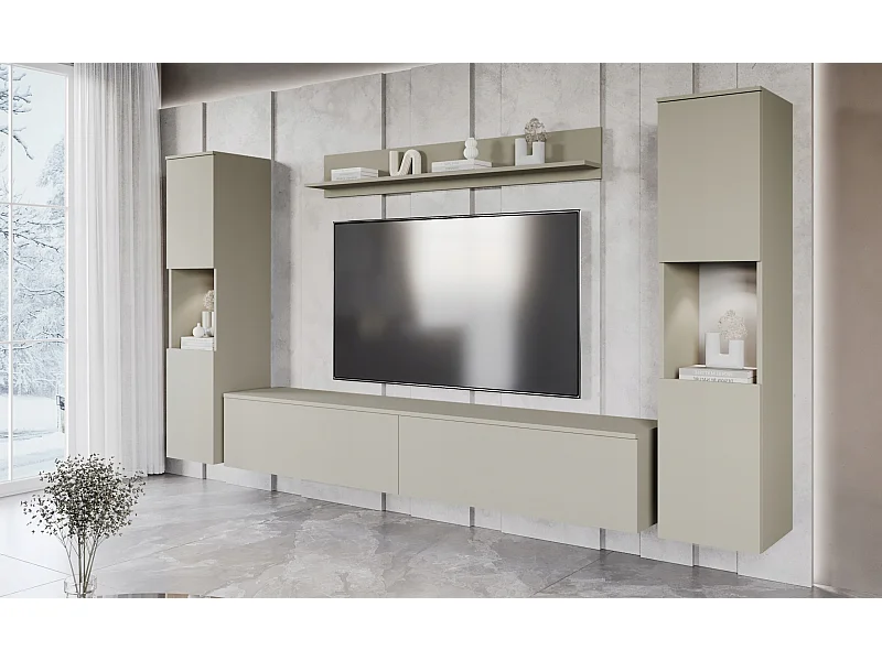 Mural de salon moderne 4 éléments avec LED, mat, 2 colonnes, meuble TV 180 cm et étagère, beige cachemire mat
