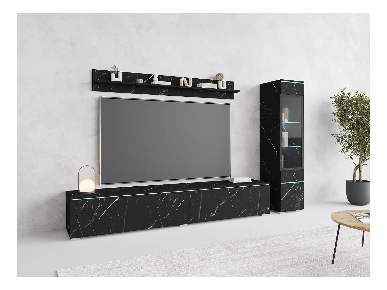 Ensemble de meubles pour salon 3 éléments avec LED – meuble TV 180 cm, vitrine et étagère, composition murale debout ou suspendue, marbre mat