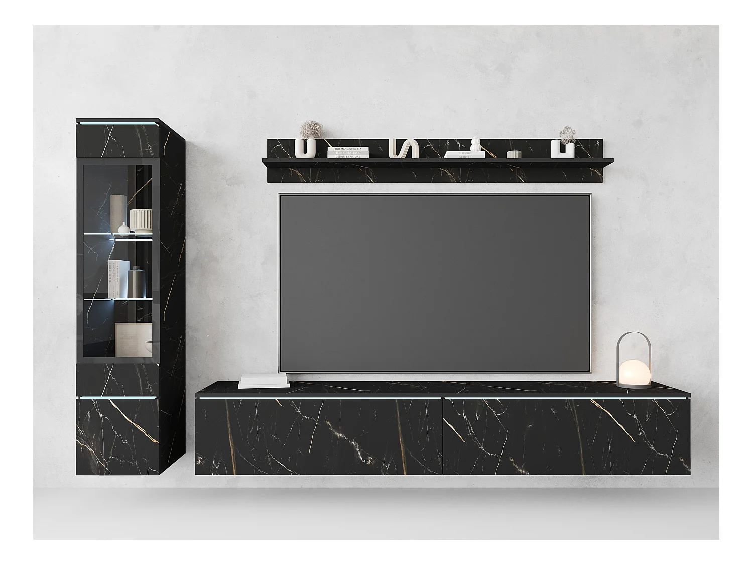 Ensemble de meubles pour salon 3 éléments avec LED – meuble TV 180 cm, vitrine et étagère, composition murale debout ou suspendue, marbre mat