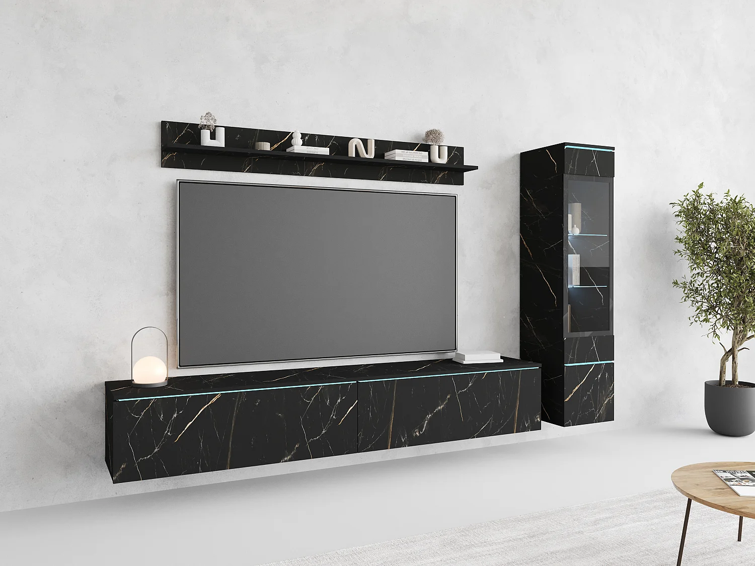 Ensemble de meubles pour salon 3 éléments avec LED – meuble TV 180 cm, vitrine et étagère, composition murale debout ou suspendue, marbre mat
