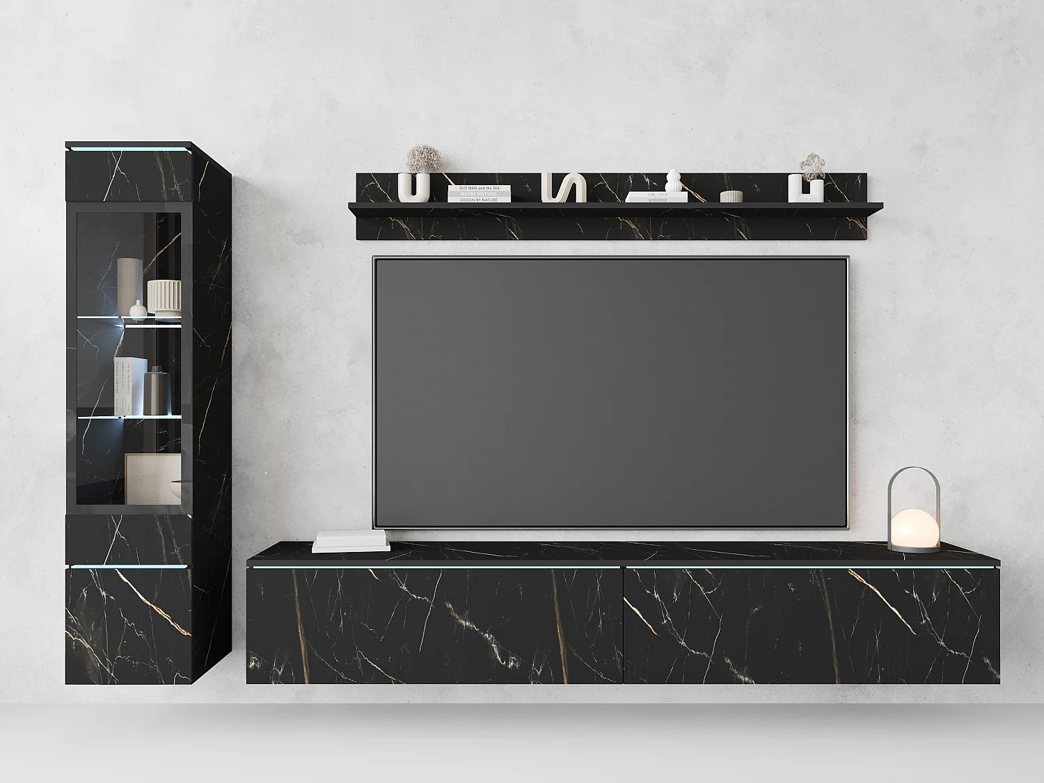 Ensemble de meubles pour salon 3 éléments avec LED – meuble TV 180 cm, vitrine et étagère, composition murale debout ou suspendue, marbre mat
