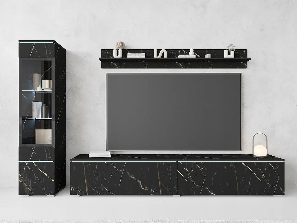 Ensemble de meubles pour salon 3 éléments avec LED – meuble TV 180 cm, vitrine et étagère, composition murale debout ou suspendue, marbre mat