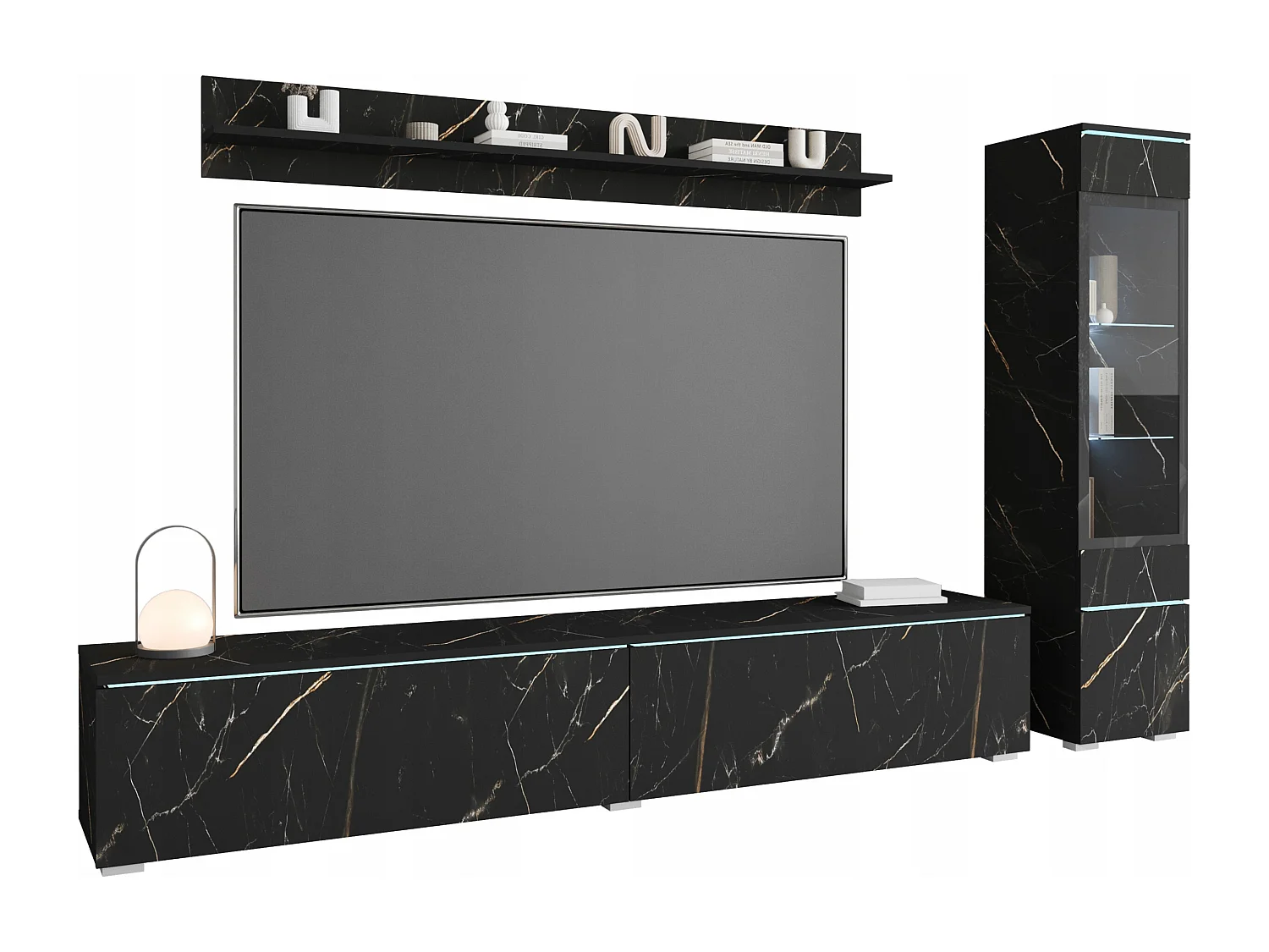 Ensemble de meubles pour salon 3 éléments avec LED – meuble TV 180 cm, vitrine et étagère, composition murale debout ou suspendue, marbre mat