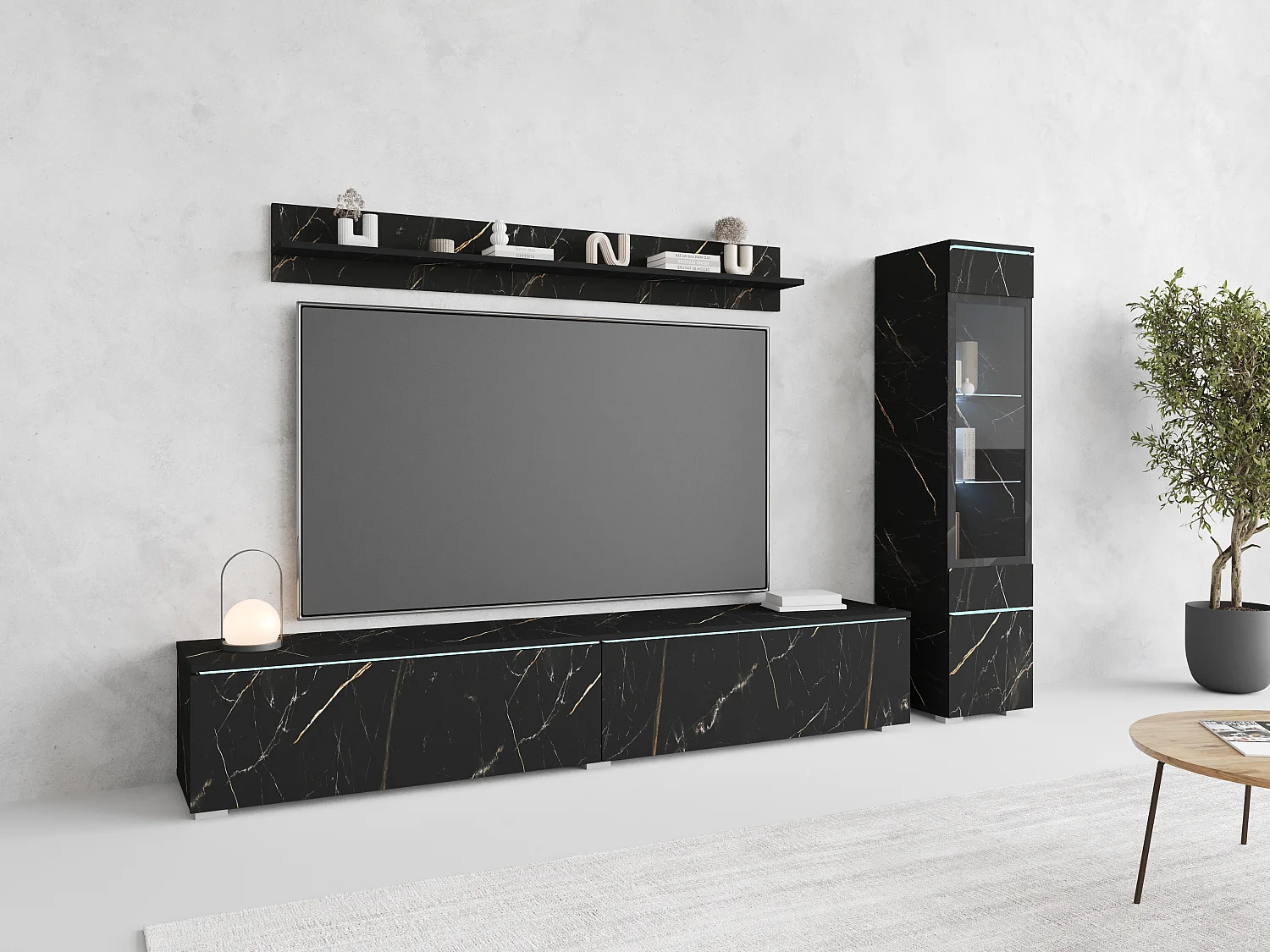 Ensemble de meubles pour salon 3 éléments avec LED – meuble TV 180 cm, vitrine et étagère, composition murale debout ou suspendue, marbre mat