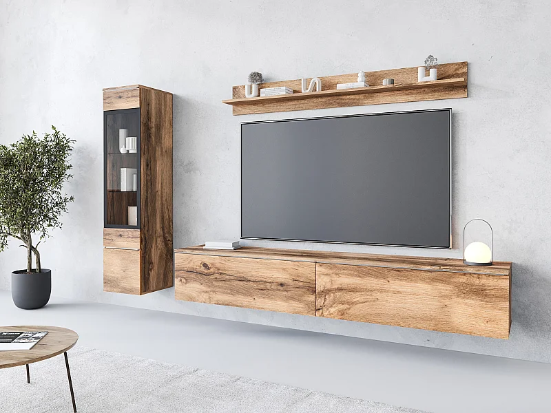 Ensemble de meubles pour salon 3 éléments avec LED – meuble TV 180 cm, vitrine et étagère, chêne Wotan