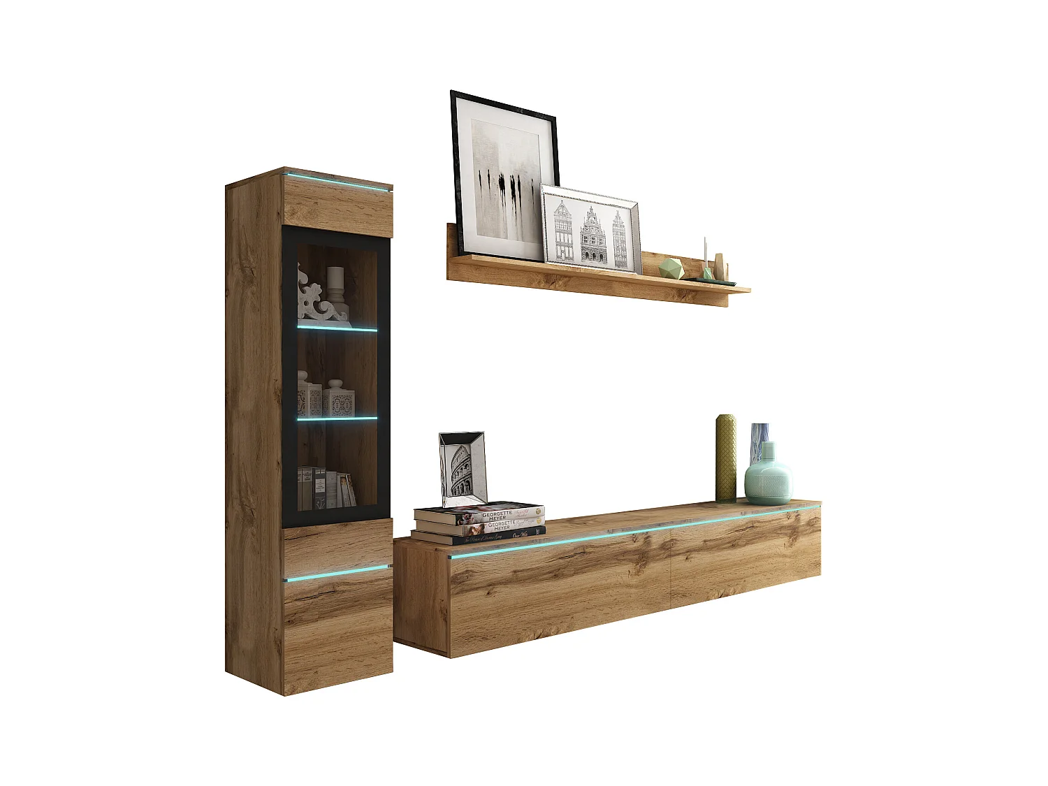 Woonkamer meubelset 3 elementen met LED – TV-meubel 180 cm, vitrine en plank, eik Wotan