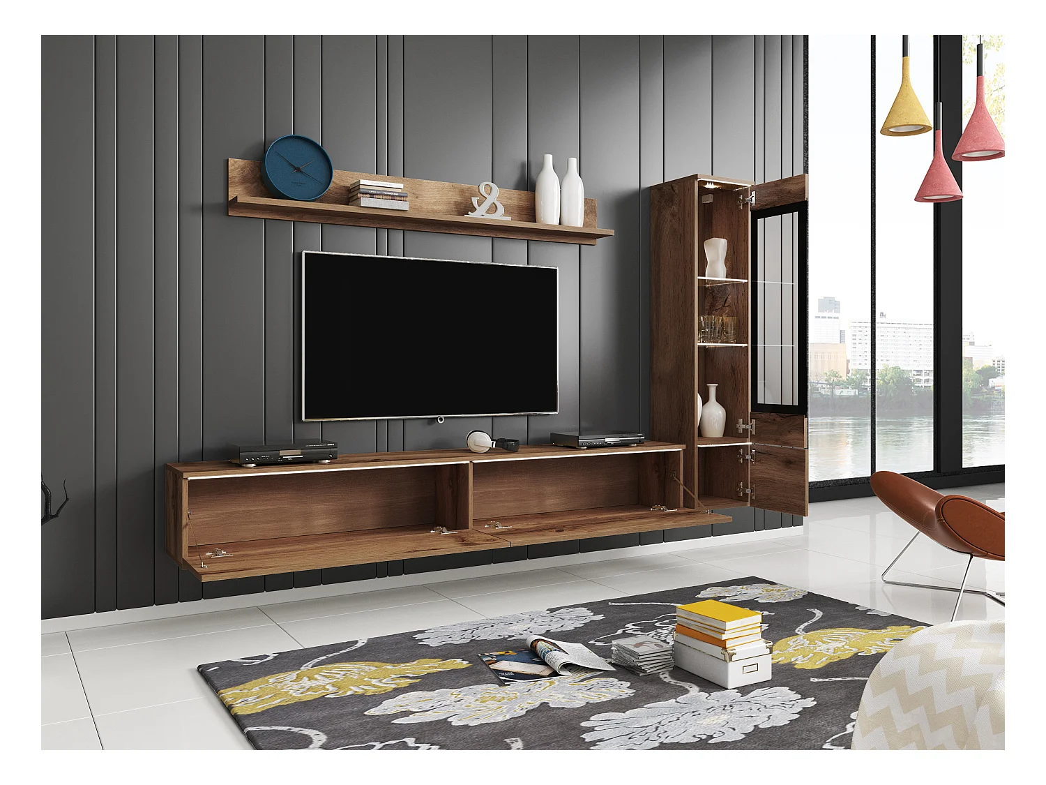 Woonkamer meubelset 3 elementen met LED – TV-meubel 180 cm, vitrine en plank, eik Wotan