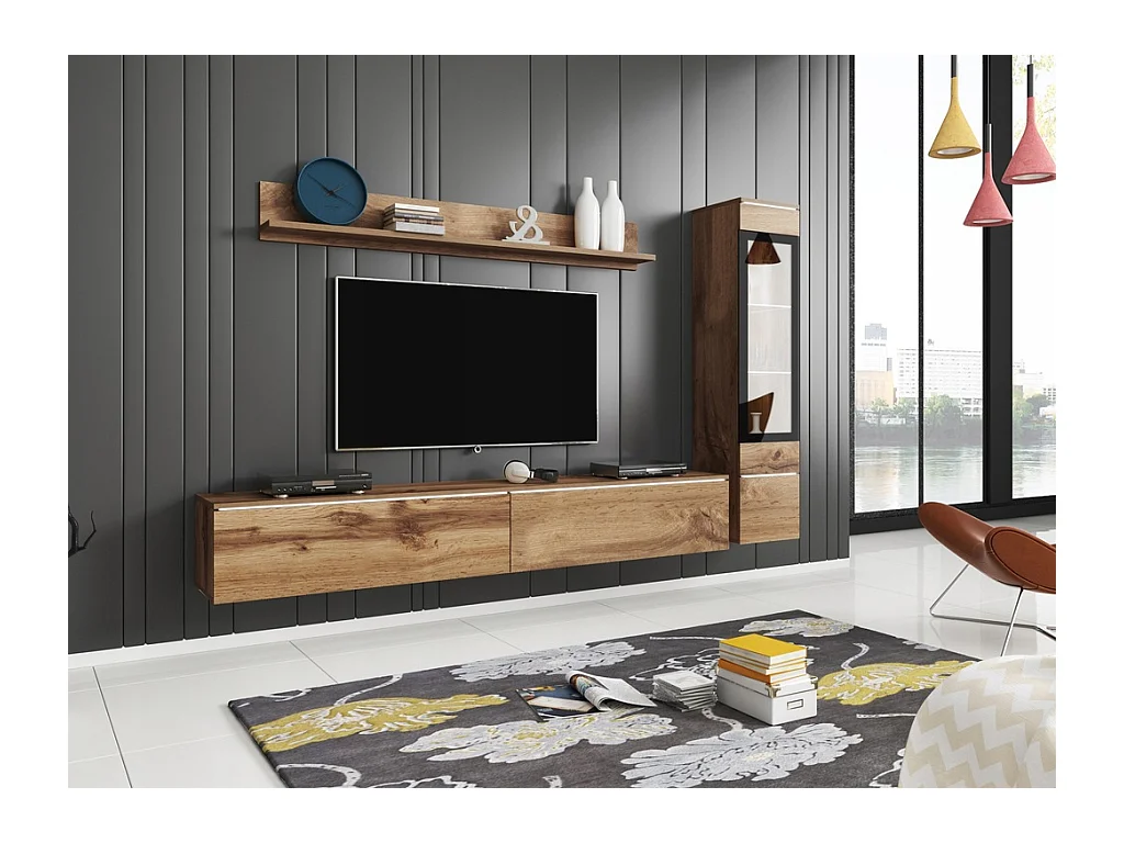 Woonkamer meubelset 3 elementen met LED – TV-meubel 180 cm, vitrine en plank, eik Wotan