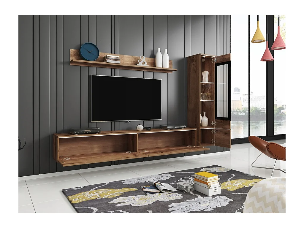 Woonkamer meubelset 3 elementen met LED – TV-meubel 180 cm, vitrine en plank, eik Wotan