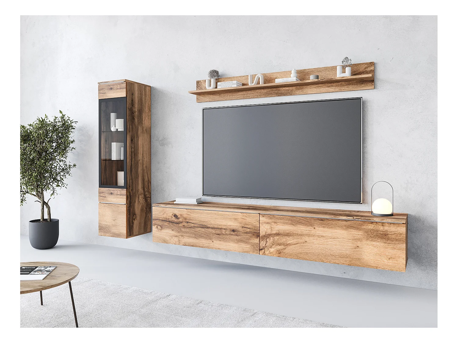 Zestaw mebli do salonu 3 elementy z LED – szafka RTV 180 cm witryna i półka, dąb Wotan