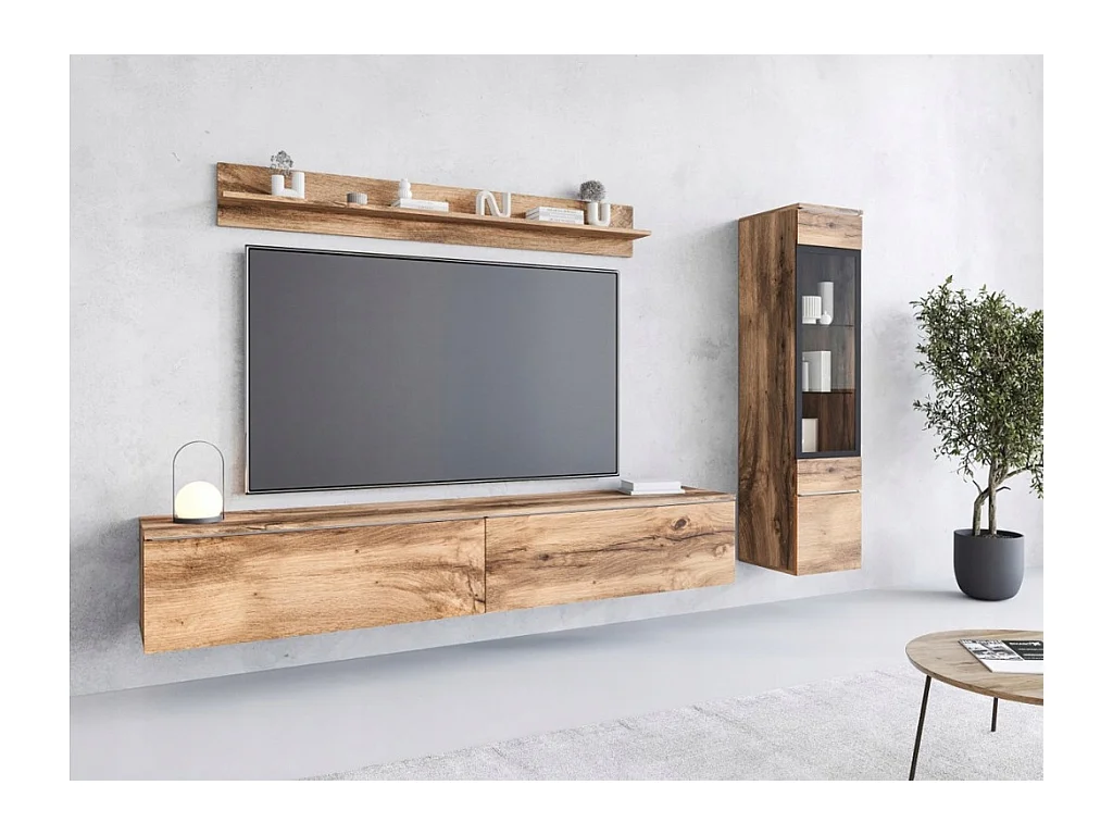 Zestaw mebli do salonu 3 elementy z LED – szafka RTV 180 cm witryna i półka, dąb Wotan
