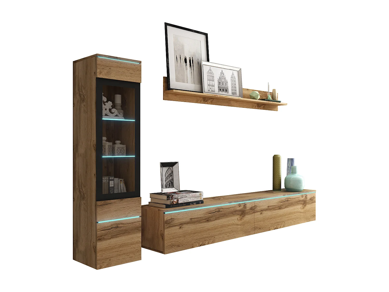 Ensemble de meubles pour salon 3 éléments avec LED – meuble TV 180 cm, vitrine et étagère, chêne Wotan