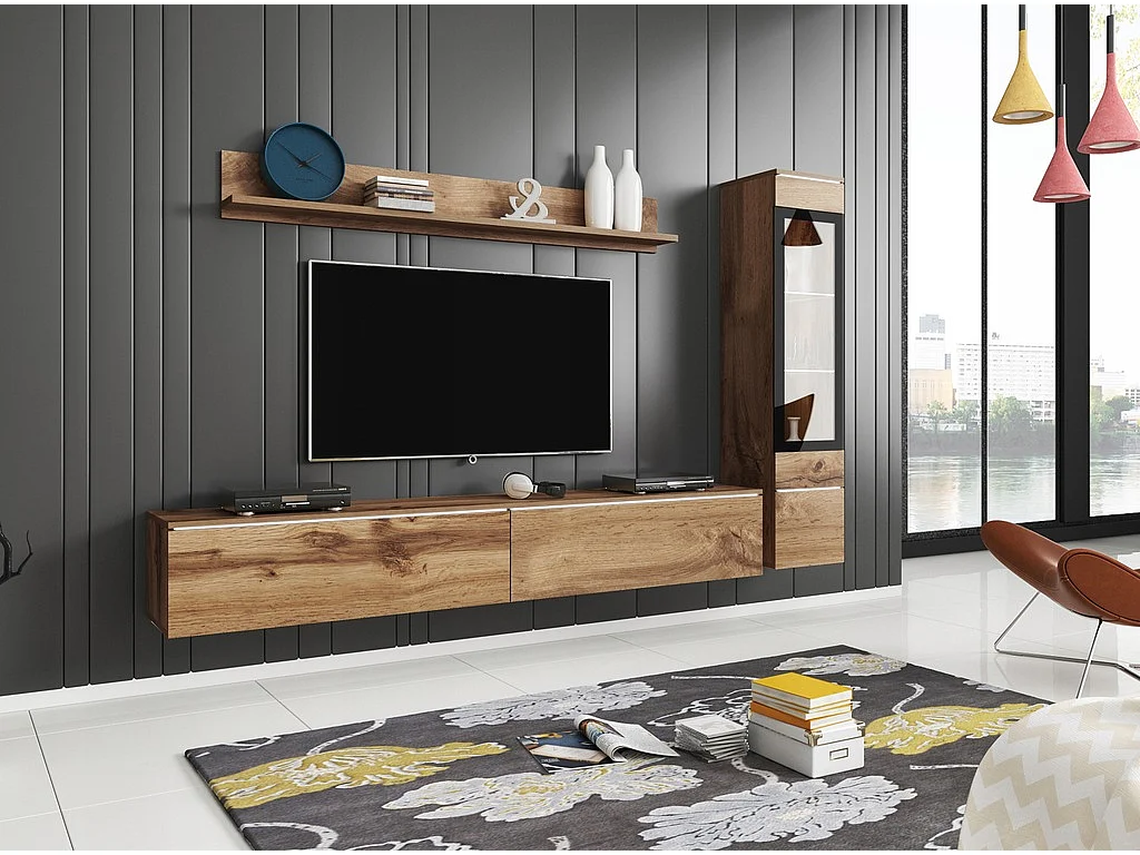 Ensemble de meubles pour salon 3 éléments avec LED – meuble TV 180 cm, vitrine et étagère, chêne Wotan