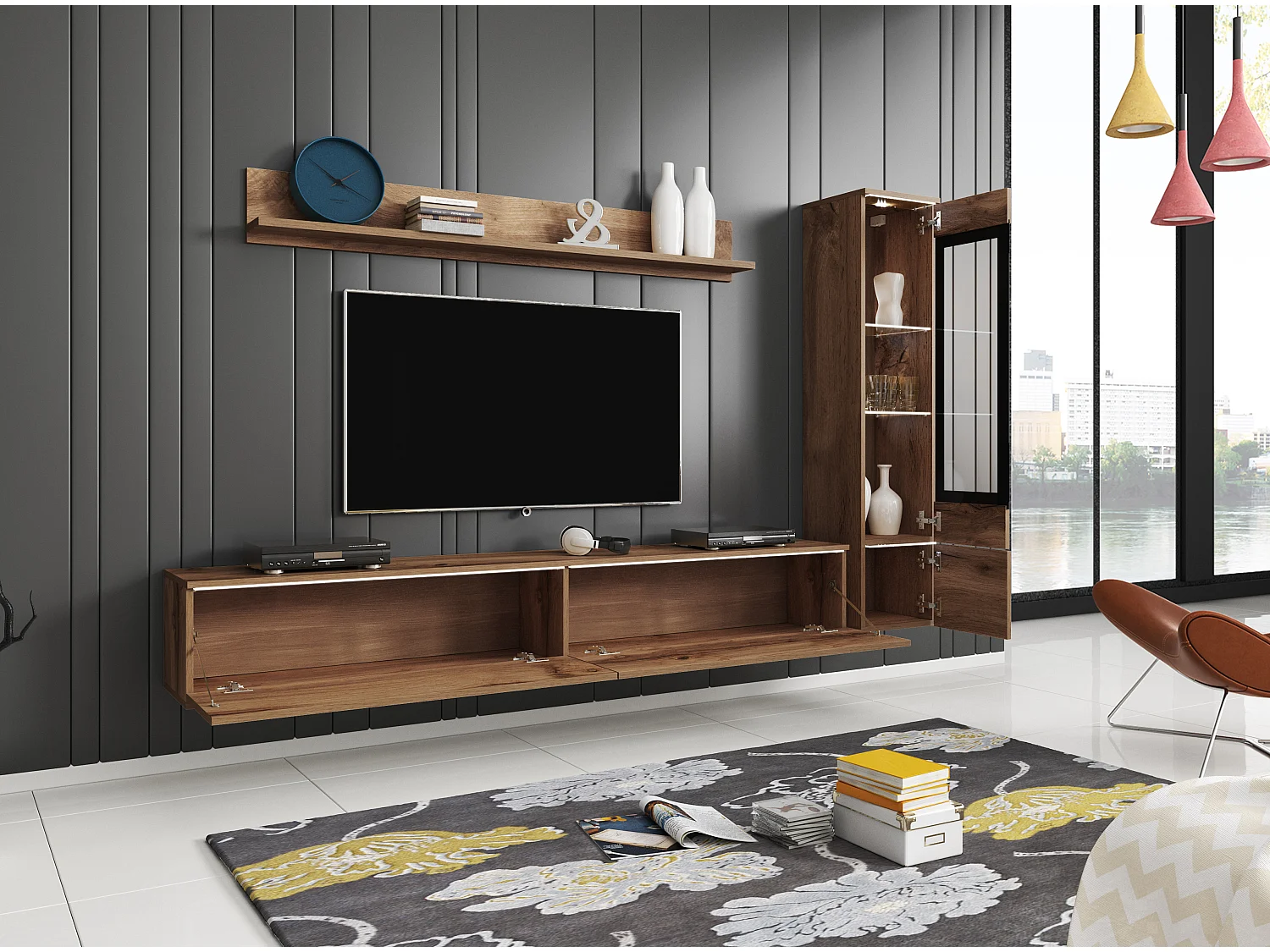 Ensemble de meubles pour salon 3 éléments avec LED – meuble TV 180 cm, vitrine et étagère, chêne Wotan
