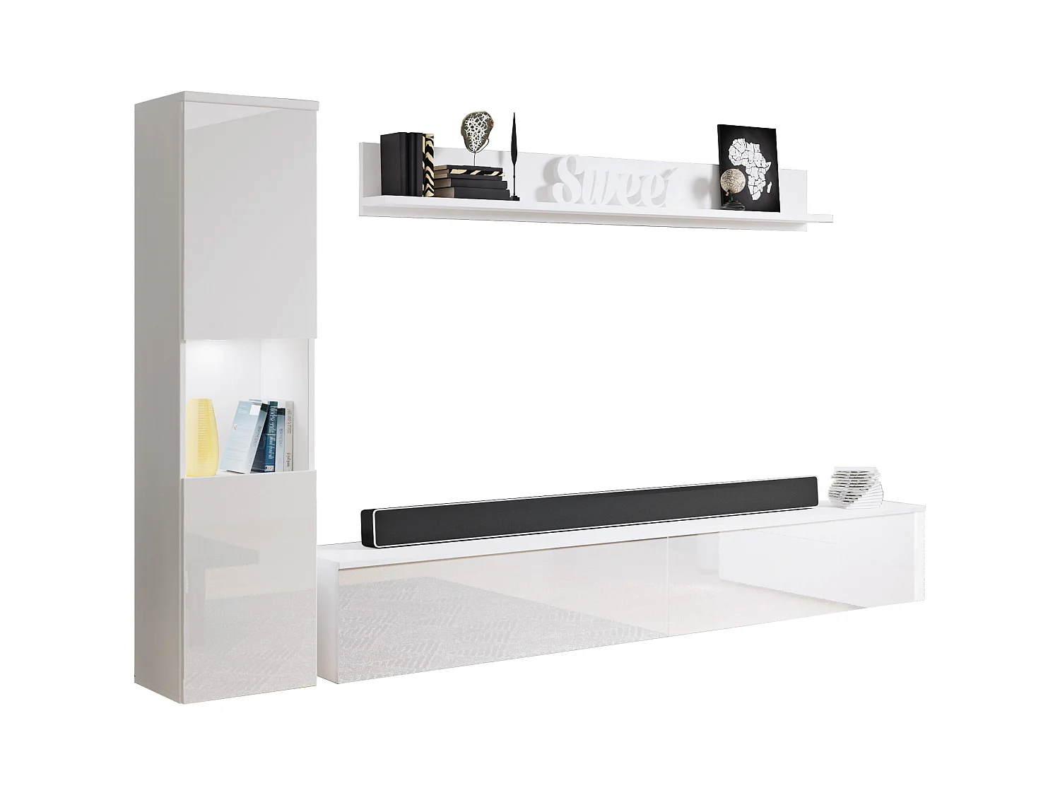 Moderne woonwand 3-delig met LED, glanzende fronten, kolom en tv-meubel 180 cm, romp wit mat, fronten wit hoogglans