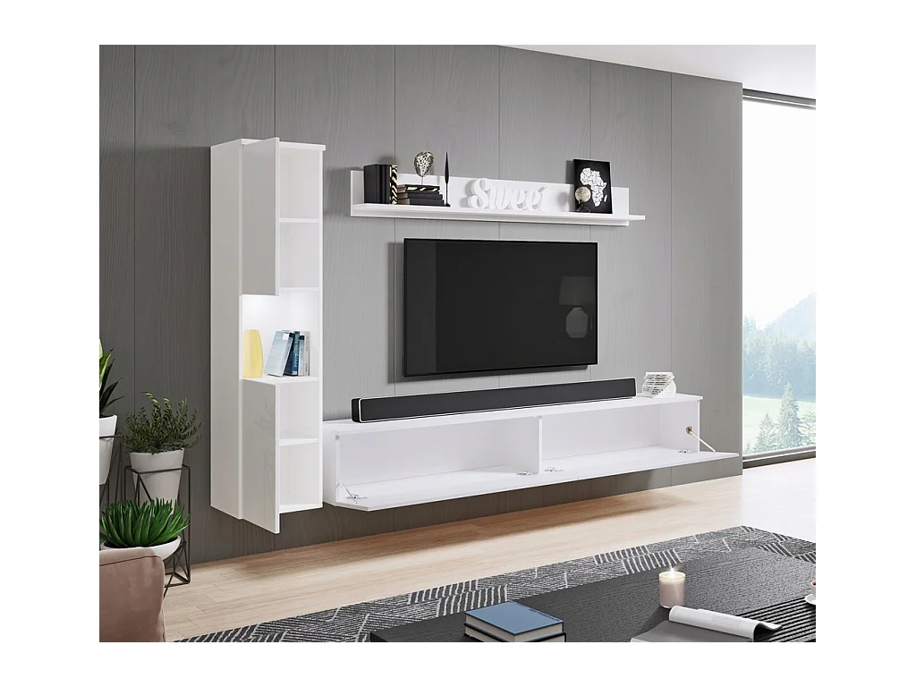 Moderne woonwand 3-delig met LED, glanzende fronten, kolom en tv-meubel 180 cm, romp wit mat, fronten wit hoogglans