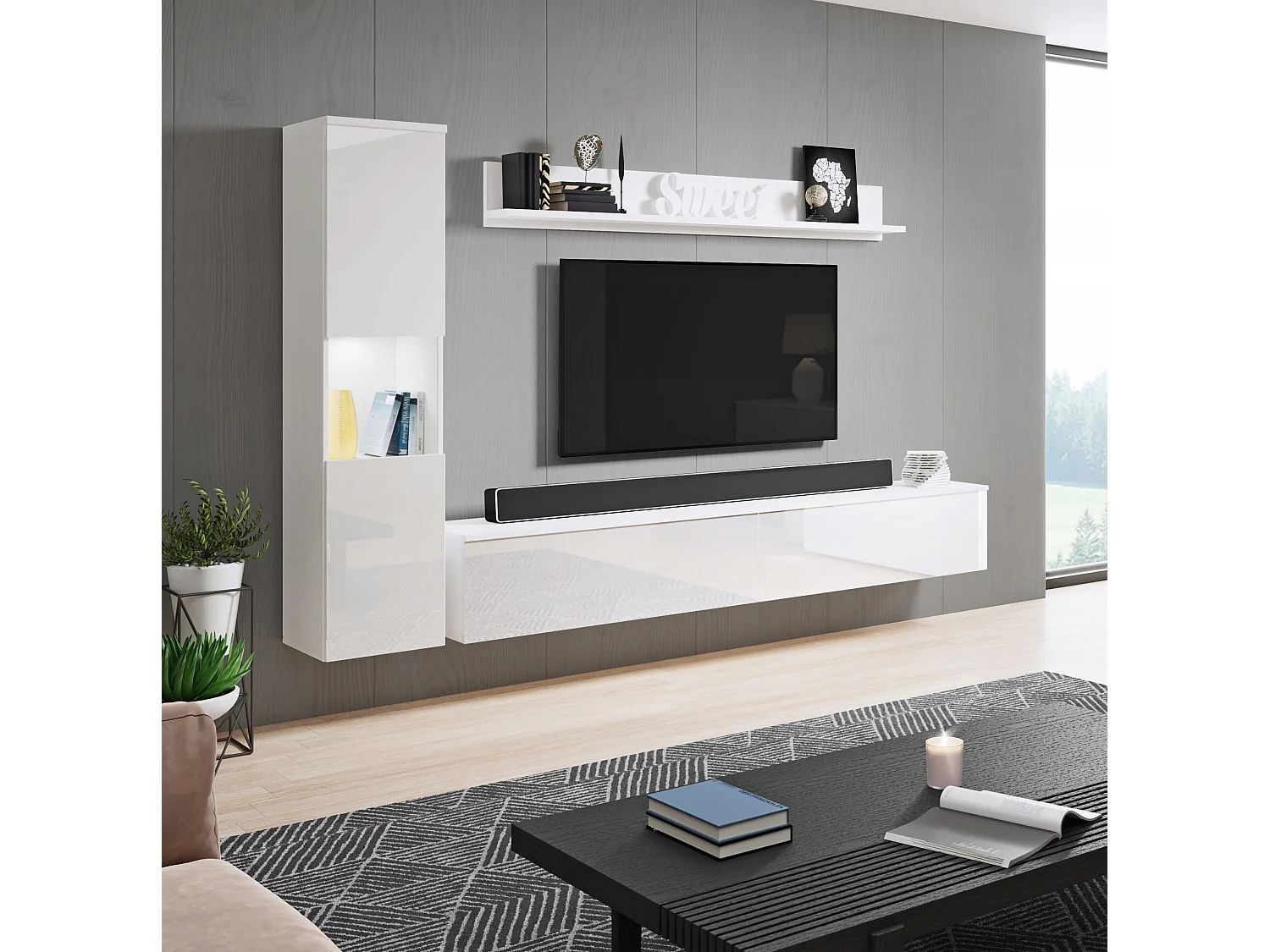 Mural de salon moderne 3 éléments avec LED, façades brillantes, colonne et meuble TV 180 cm corps blanc mat, façades blanc brillant