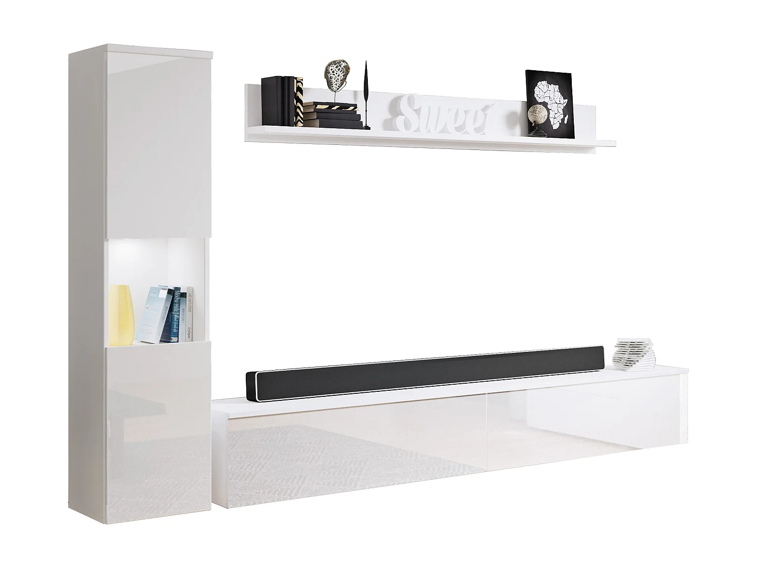 Mural de salon moderne 3 éléments avec LED, façades brillantes, colonne et meuble TV 180 cm corps blanc mat, façades blanc brillant