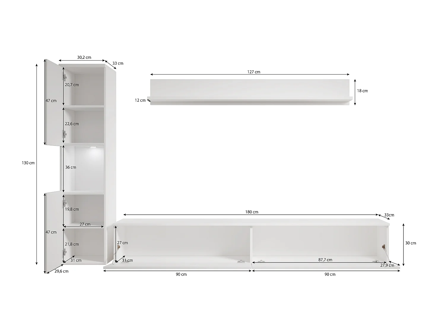 Mural de salon moderne 3 éléments avec LED, façades brillantes, colonne et meuble TV 180 cm corps blanc mat, façades blanc brillant