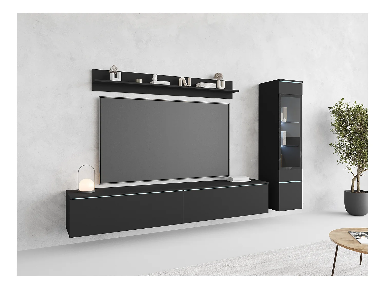 Ensemble de meubles pour salon 3 éléments avec LED – meuble TV 180 cm, vitrine et étagère, noir mat