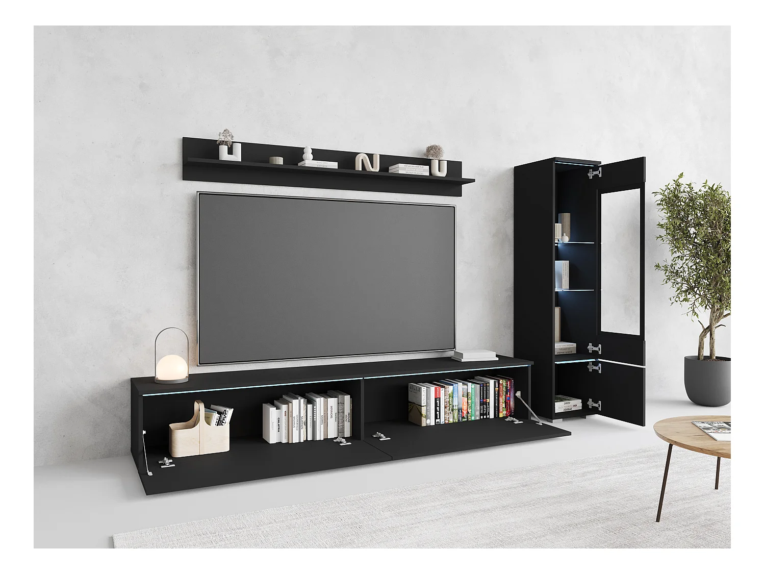 Ensemble de meubles pour salon 3 éléments avec LED – meuble TV 180 cm, vitrine et étagère, noir mat