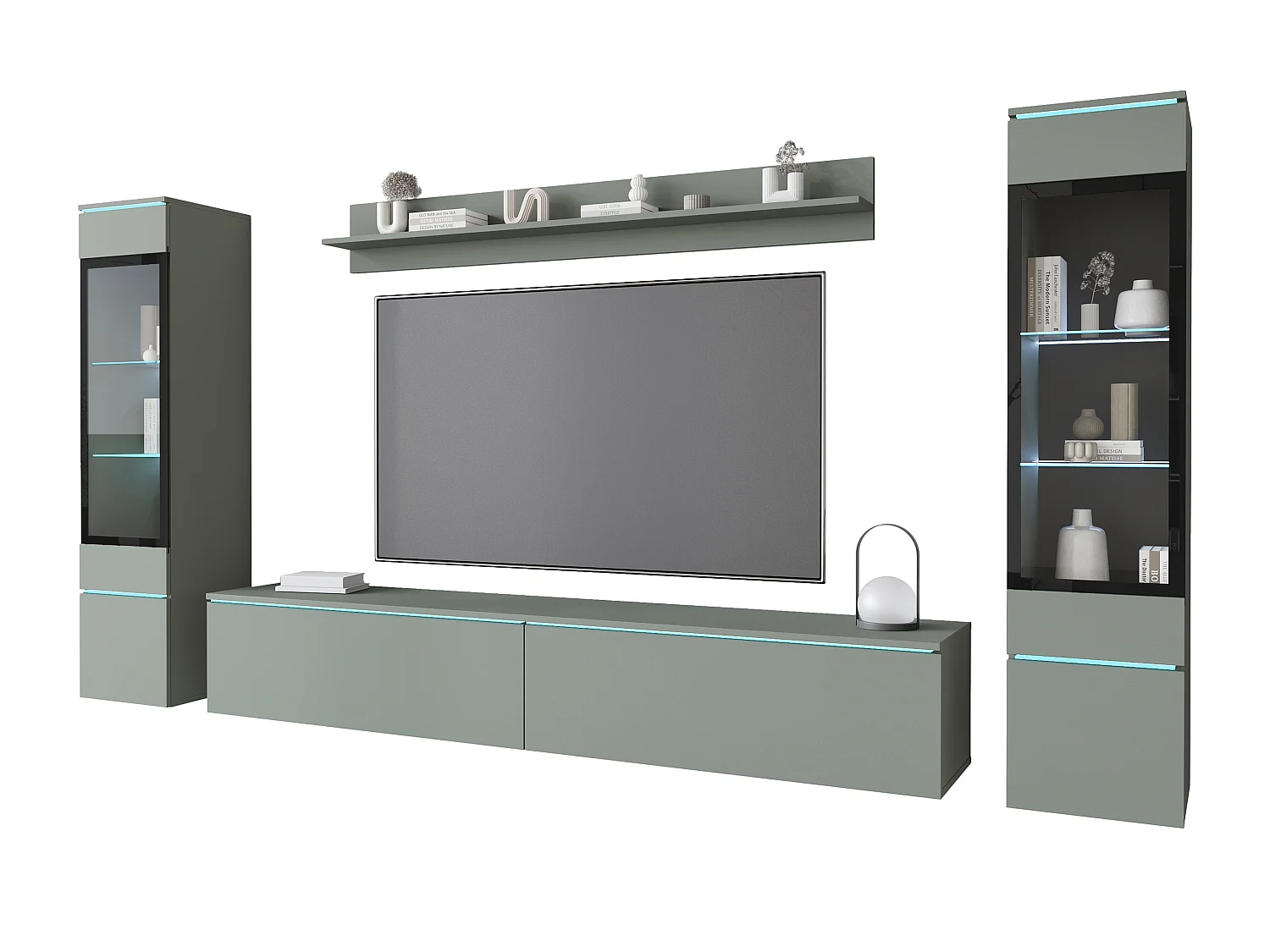Ensemble de meubles pour salon avec LED 4 éléments – meuble TV 180 cm, 2 vitrines et étagère, composition murale debout ou suspendue, vert brumeux