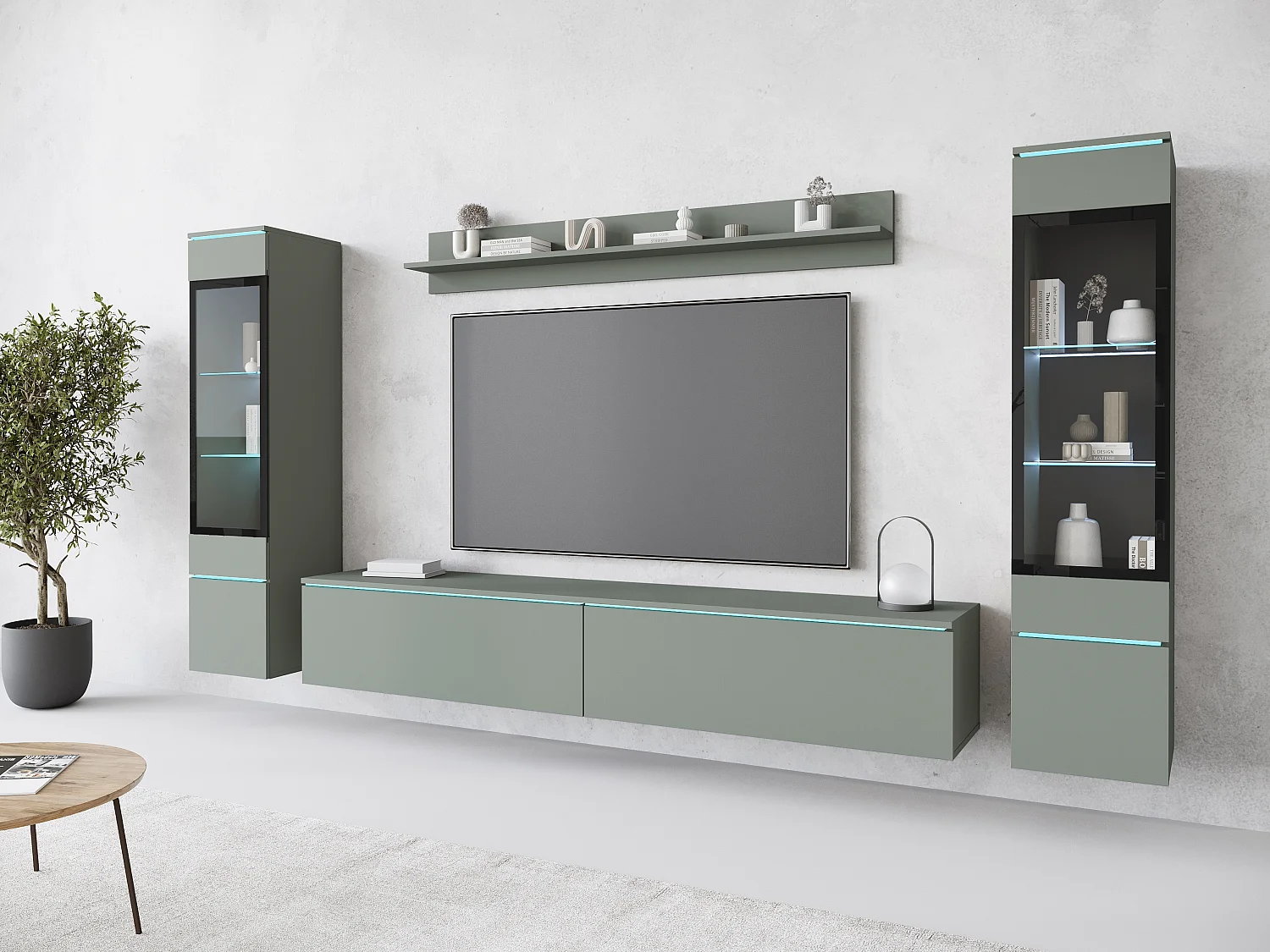 Ensemble de meubles pour salon avec LED 4 éléments – meuble TV 180 cm, 2 vitrines et étagère, composition murale debout ou suspendue, vert brumeux