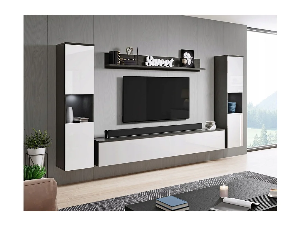 Mural de salon moderne 4 éléments avec LED, 2 colonnes, meuble TV 180 cm et étagère, corps anthracite mat, façades blanc brillant