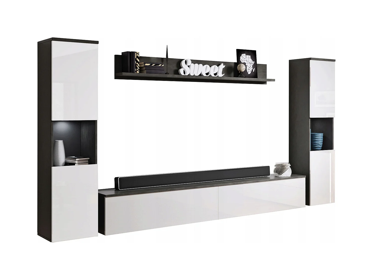 Mural de salon moderne 4 éléments avec LED, 2 colonnes, meuble TV 180 cm et étagère, corps anthracite mat, façades blanc brillant