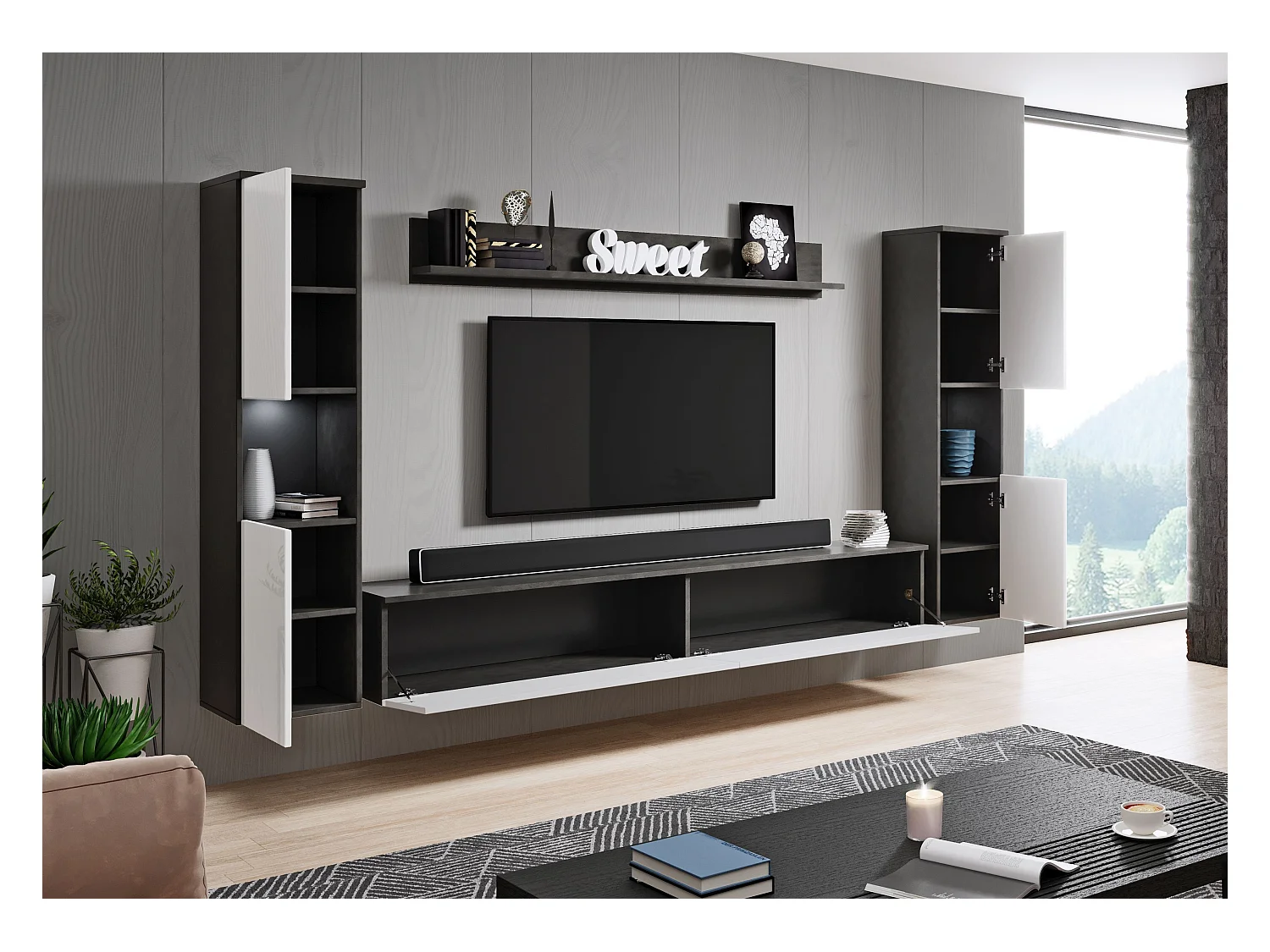 Mural de salon moderne 4 éléments avec LED, 2 colonnes, meuble TV 180 cm et étagère, corps anthracite mat, façades blanc brillant