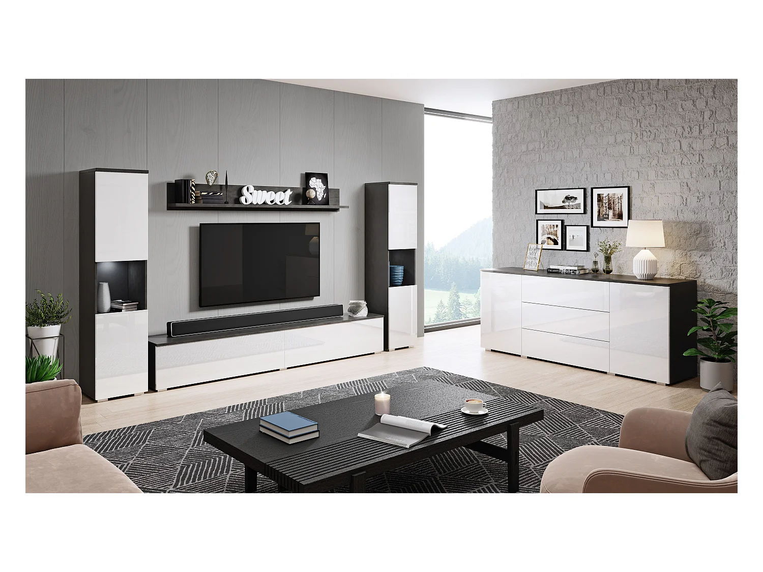 Mural de salon moderne 4 éléments avec LED, 2 colonnes, meuble TV 180 cm et étagère, corps anthracite mat, façades blanc brillant