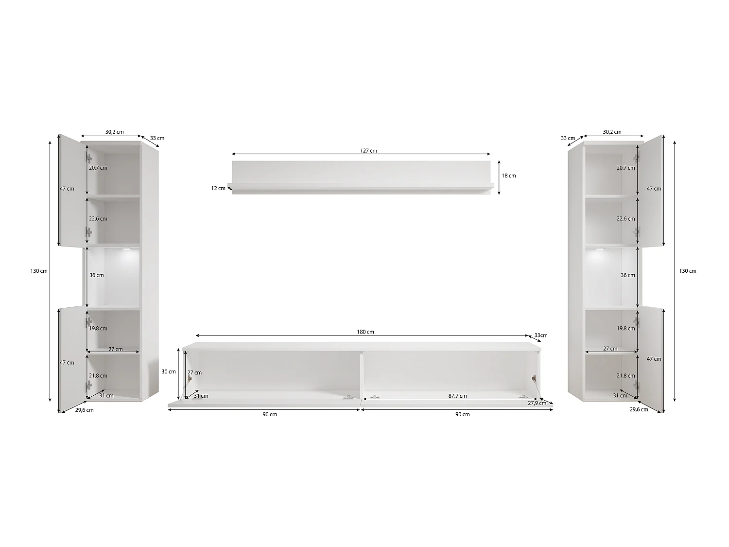 Mural de salon moderne 4 éléments avec LED, 2 colonnes, meuble TV 180 cm et étagère, corps anthracite mat, façades blanc brillant