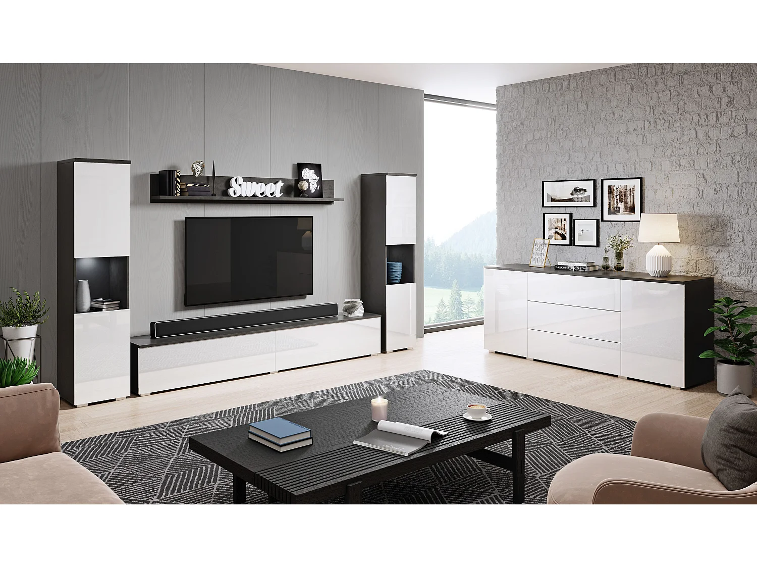 Mural de salon moderne 4 éléments avec LED, 2 colonnes, meuble TV 180 cm et étagère, corps anthracite mat, façades blanc brillant