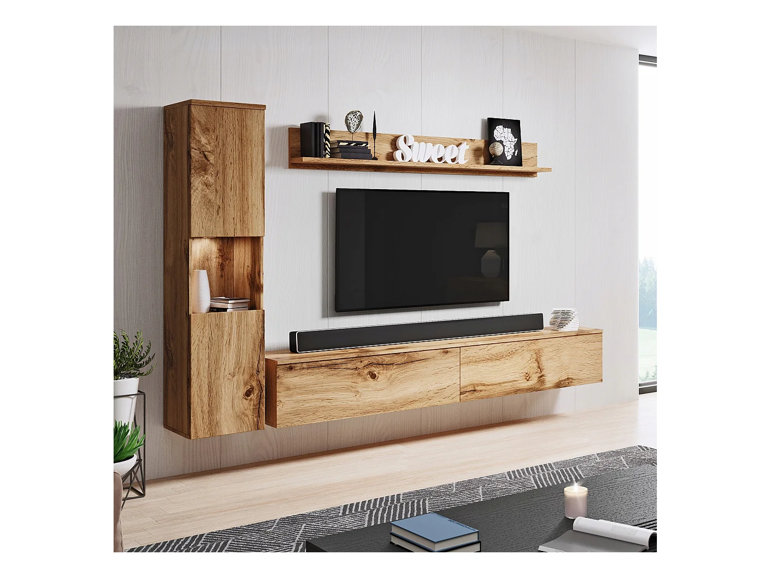Parete soggiorno moderna 3 elementi con LED, opaca, colonna e mobile TV 180 cm rovere wotan