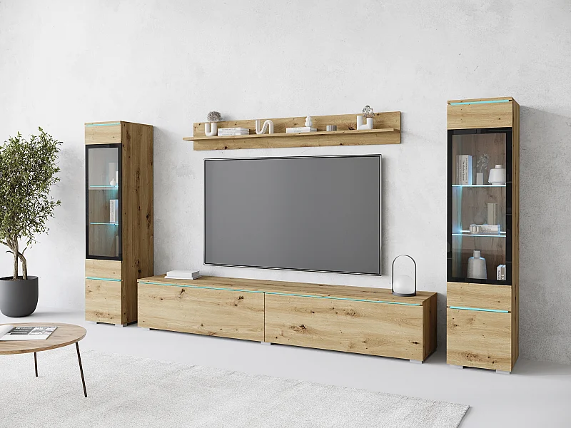 Ensemble de meubles pour salon avec LED 4 éléments – meuble TV 180 cm, 2 vitrines et étagère, composition murale debout ou suspendue chêne Artisan