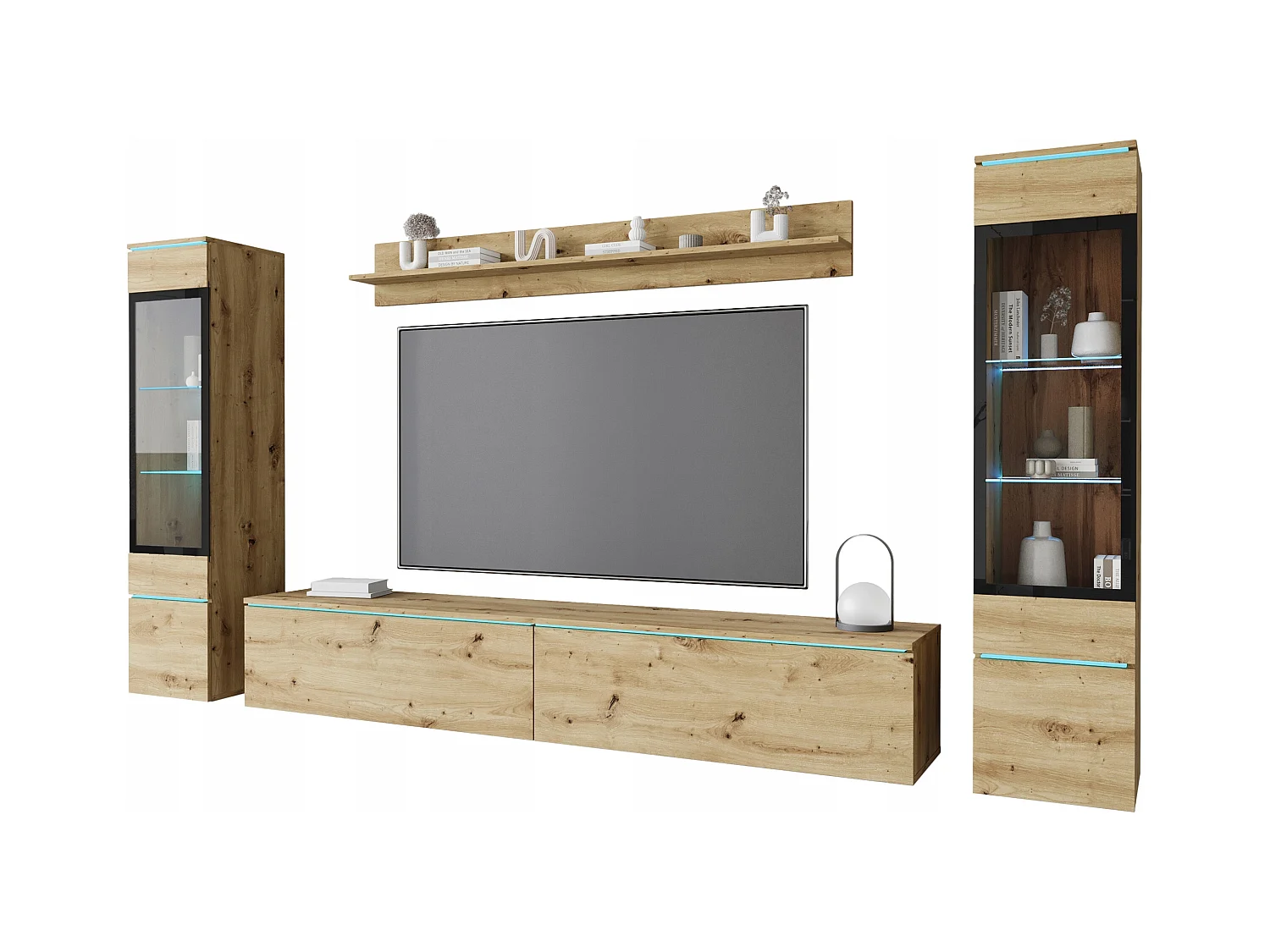 Ensemble de meubles pour salon avec LED 4 éléments – meuble TV 180 cm, 2 vitrines et étagère, composition murale debout ou suspendue chêne Artisan