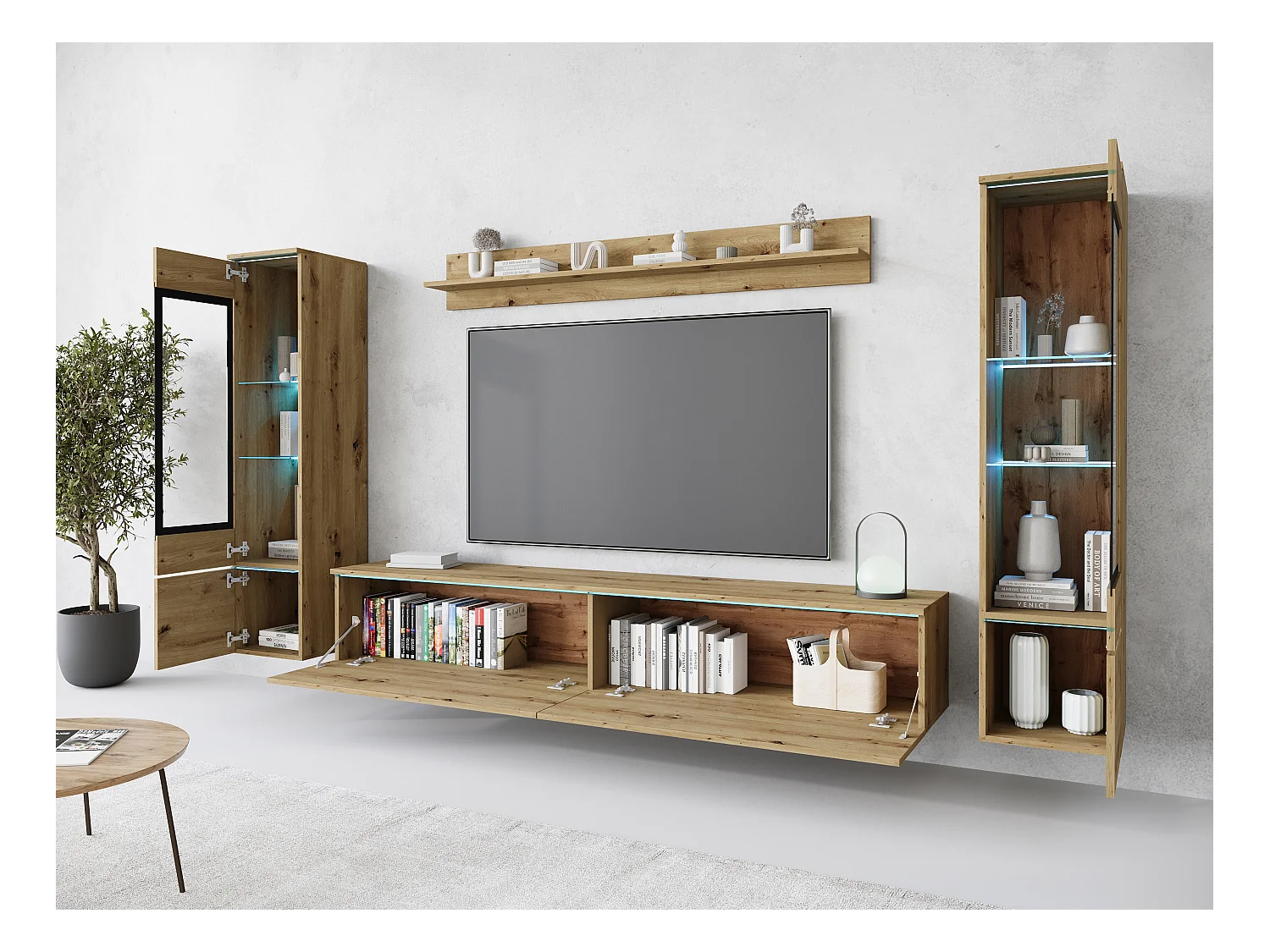 Ensemble de meubles pour salon avec LED 4 éléments – meuble TV 180 cm, 2 vitrines et étagère, composition murale debout ou suspendue chêne Artisan