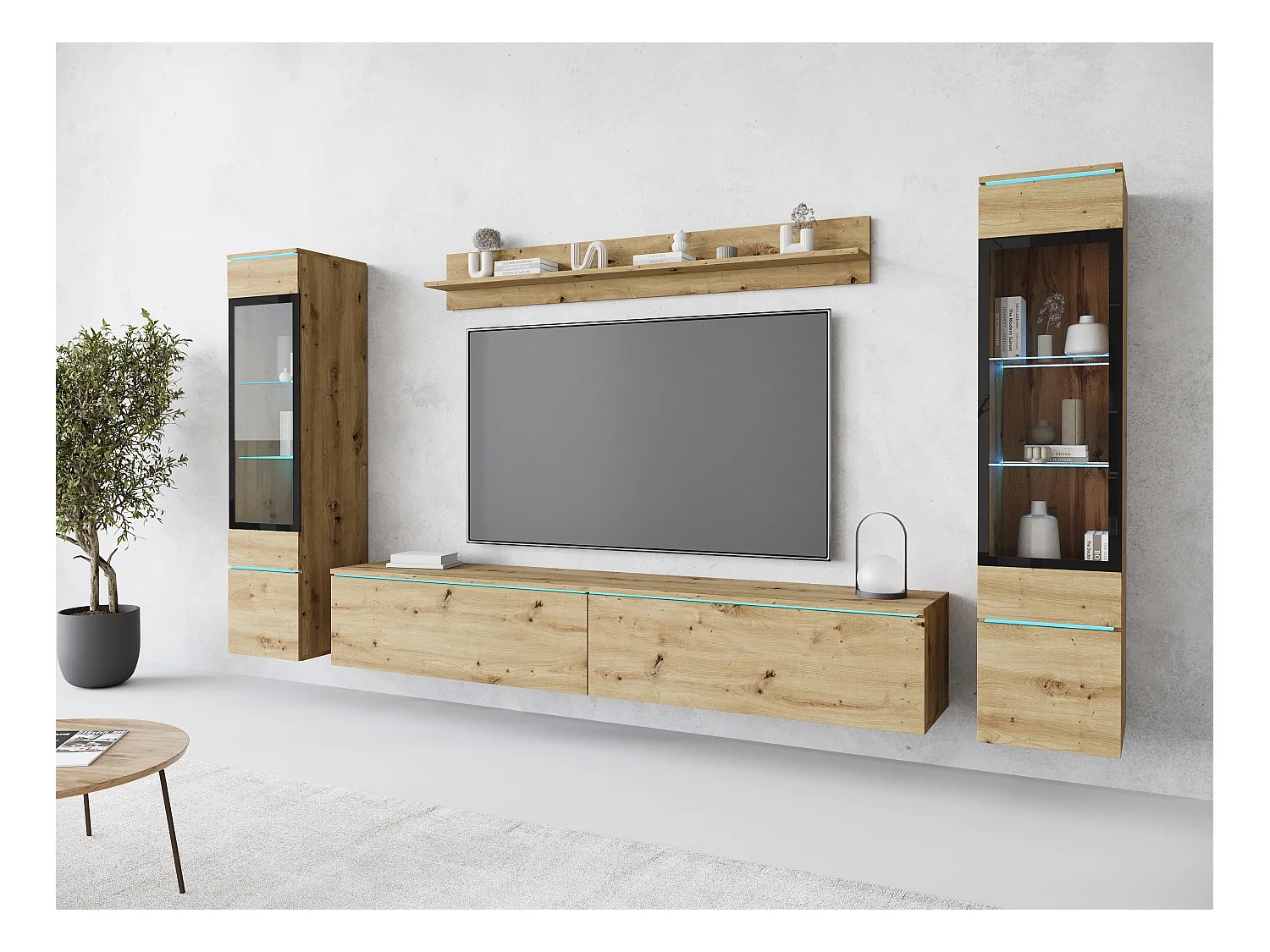 Ensemble de meubles pour salon avec LED 4 éléments – meuble TV 180 cm, 2 vitrines et étagère, composition murale debout ou suspendue chêne Artisan