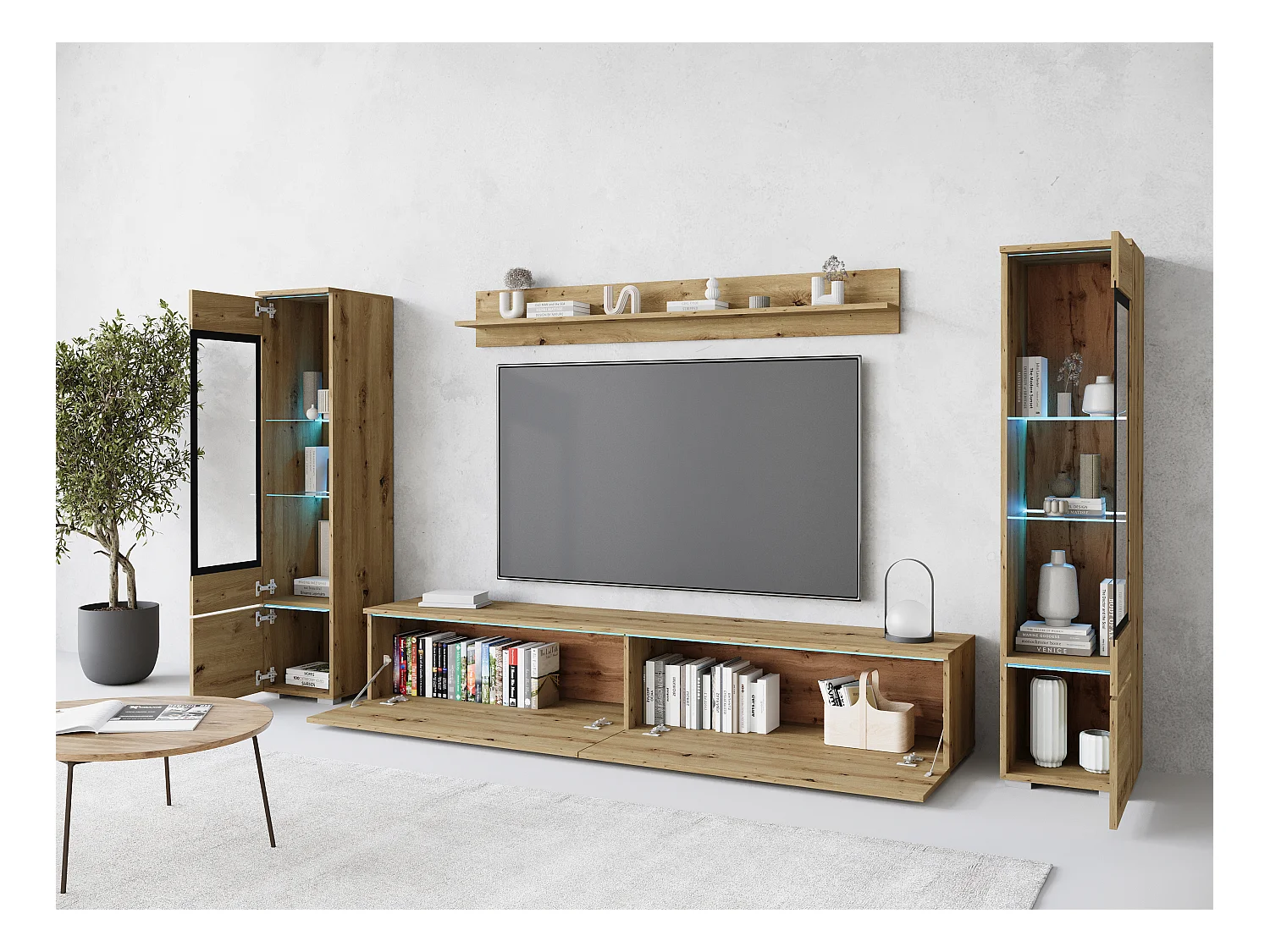Ensemble de meubles pour salon avec LED 4 éléments – meuble TV 180 cm, 2 vitrines et étagère, composition murale debout ou suspendue chêne Artisan
