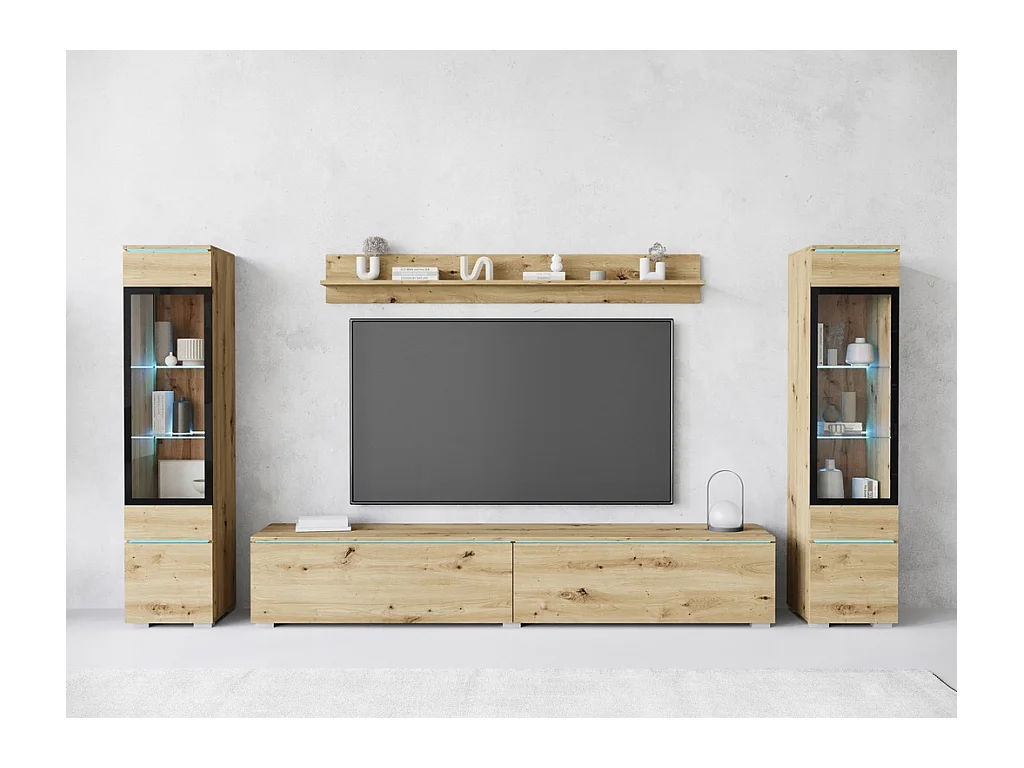 Ensemble de meubles pour salon avec LED 4 éléments – meuble TV 180 cm, 2 vitrines et étagère, composition murale debout ou suspendue chêne Artisan