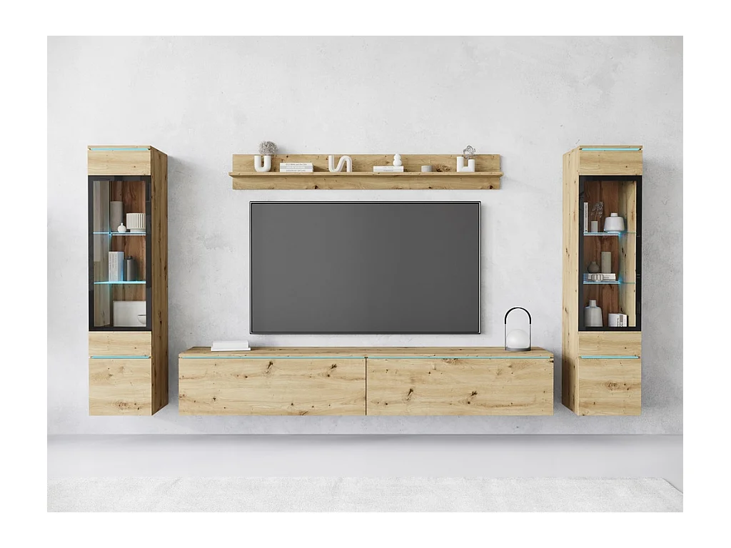 Ensemble de meubles pour salon avec LED 4 éléments – meuble TV 180 cm, 2 vitrines et étagère, composition murale debout ou suspendue chêne Artisan