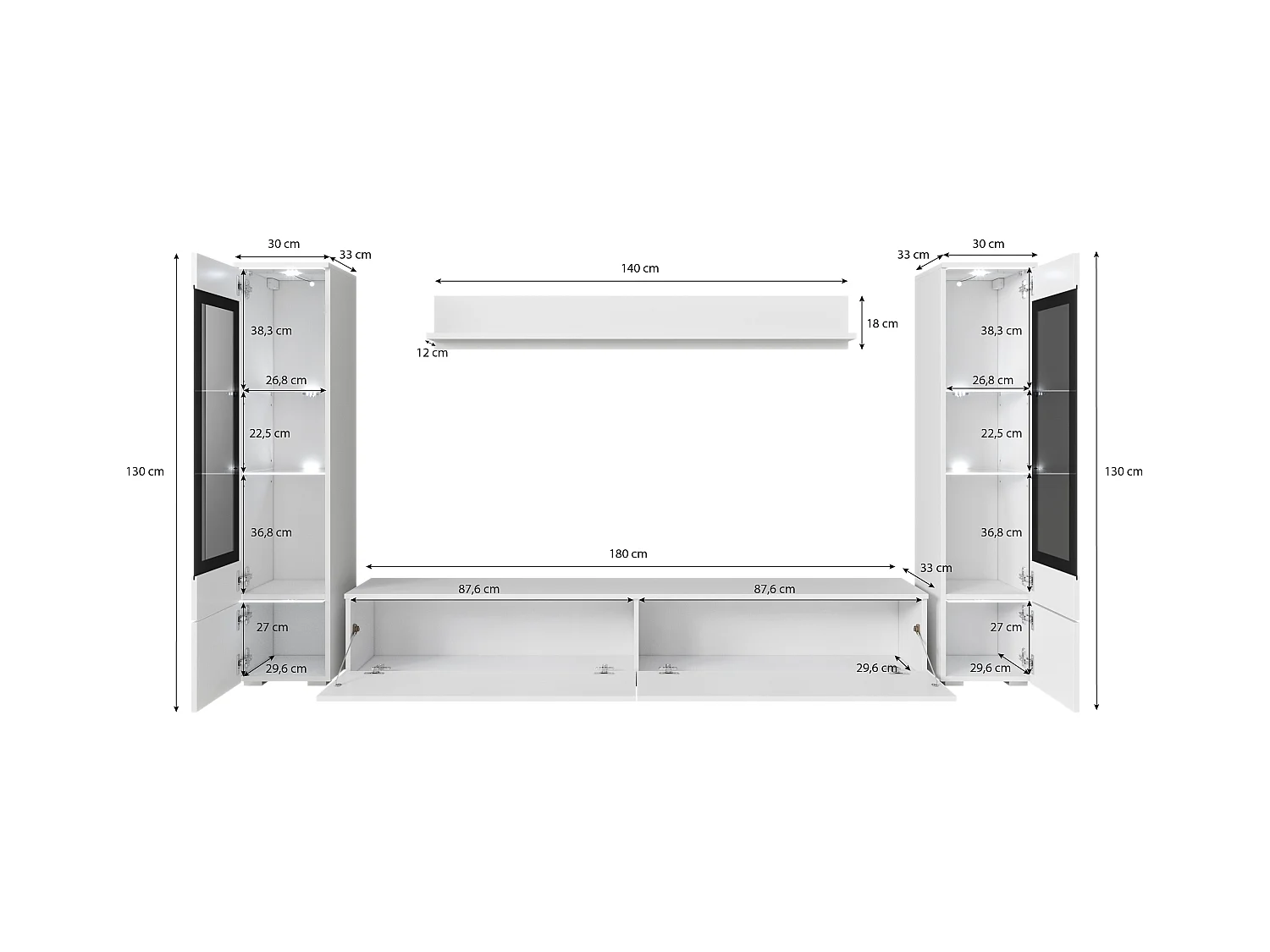 Ensemble de meubles pour salon avec LED 4 éléments – meuble TV 180 cm, 2 vitrines et étagère, composition murale debout ou suspendue chêne Artisan