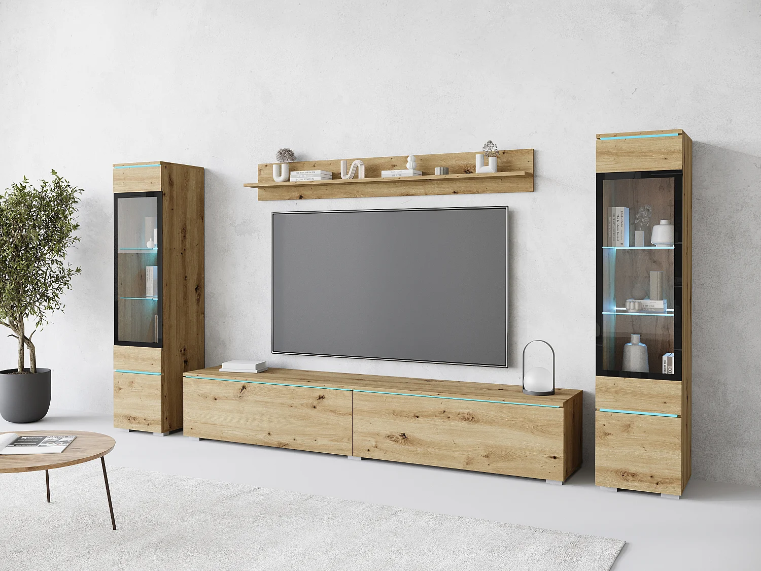 Ensemble de meubles pour salon avec LED 4 éléments – meuble TV 180 cm, 2 vitrines et étagère, composition murale debout ou suspendue chêne Artisan