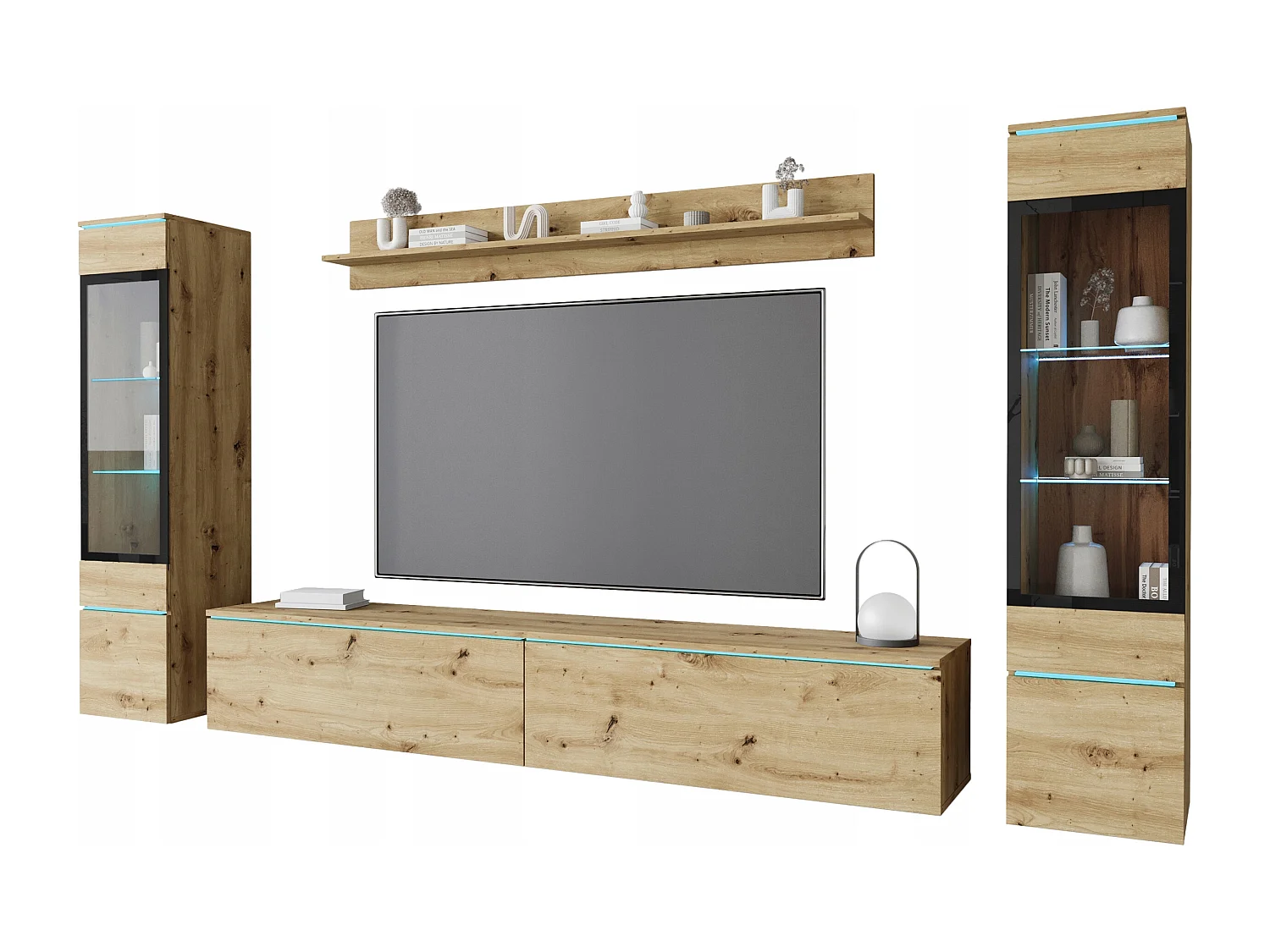 Ensemble de meubles pour salon avec LED 4 éléments – meuble TV 180 cm, 2 vitrines et étagère, composition murale debout ou suspendue chêne Artisan