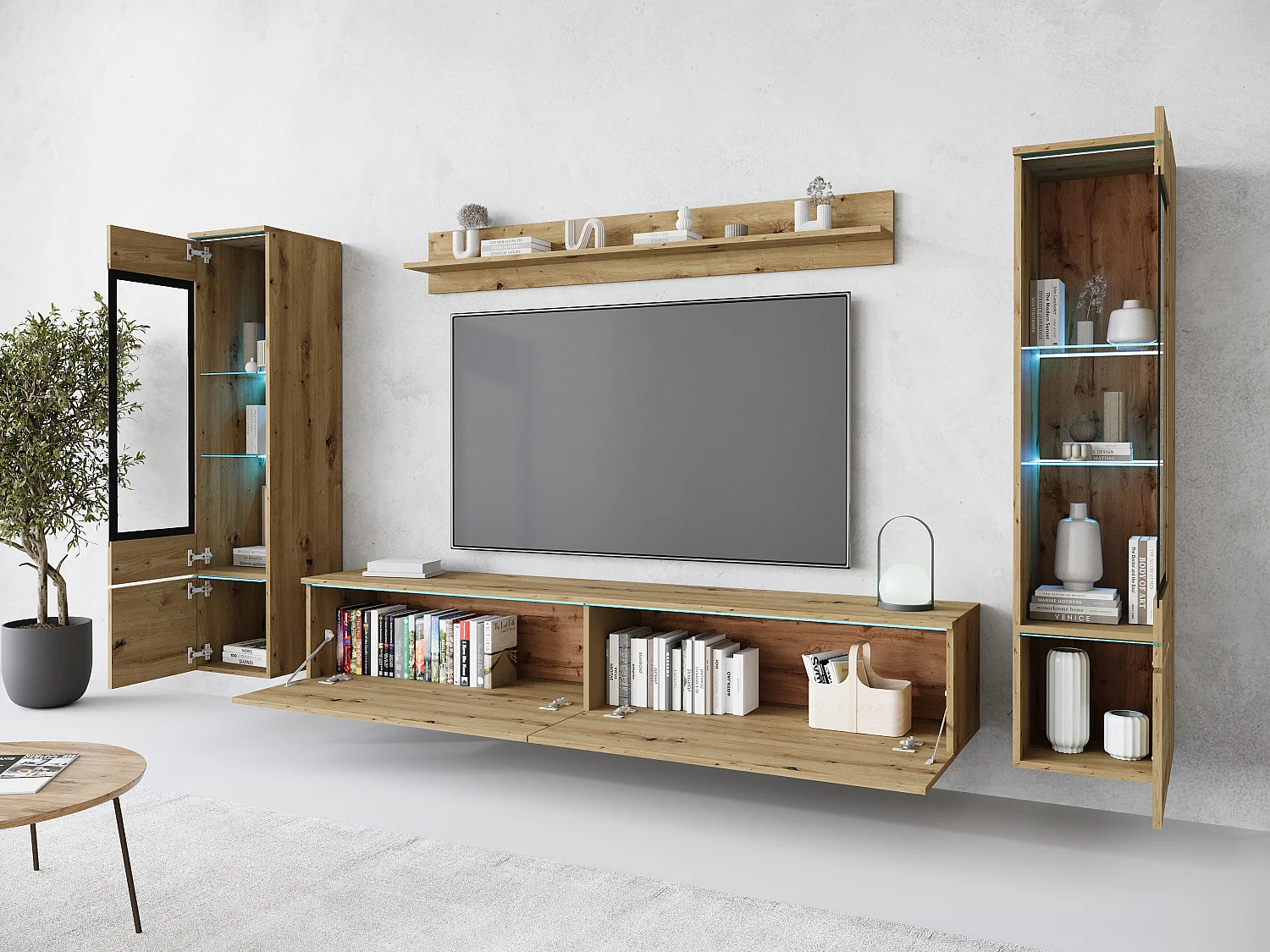 Ensemble de meubles pour salon avec LED 4 éléments – meuble TV 180 cm, 2 vitrines et étagère, composition murale debout ou suspendue chêne Artisan