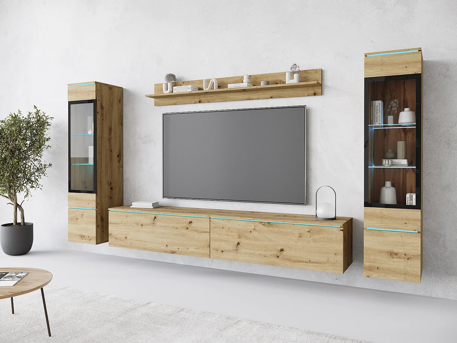 Ensemble de meubles pour salon avec LED 4 éléments – meuble TV 180 cm, 2 vitrines et étagère, composition murale debout ou suspendue chêne Artisan